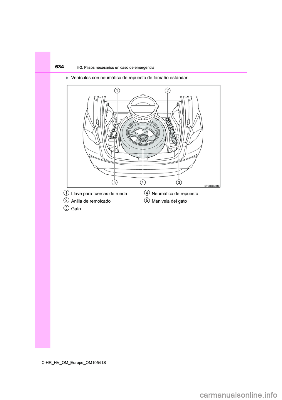 TOYOTA C_HR HYBRID 2017 Manual del propietario (in Spanish) 6348-2. Pasos necesarios en caso de emergencia
C-HR_HV_OM_Europe_OM10541S
Vehículos con neumático de repuesto de tamaño estándar
Llave para tuercas de rueda
Anilla de remolcado
Gato
Neumátic TOYOTA C_HR HYBRID 2017 Manual del propietario (in Spanish) 6348-2. Pasos necesarios en caso de emergencia
C-HR_HV_OM_Europe_OM10541S
Vehículos con neumático de repuesto de tamaño estándar
Llave para tuercas de rueda
Anilla de remolcado
Gato
Neumátic