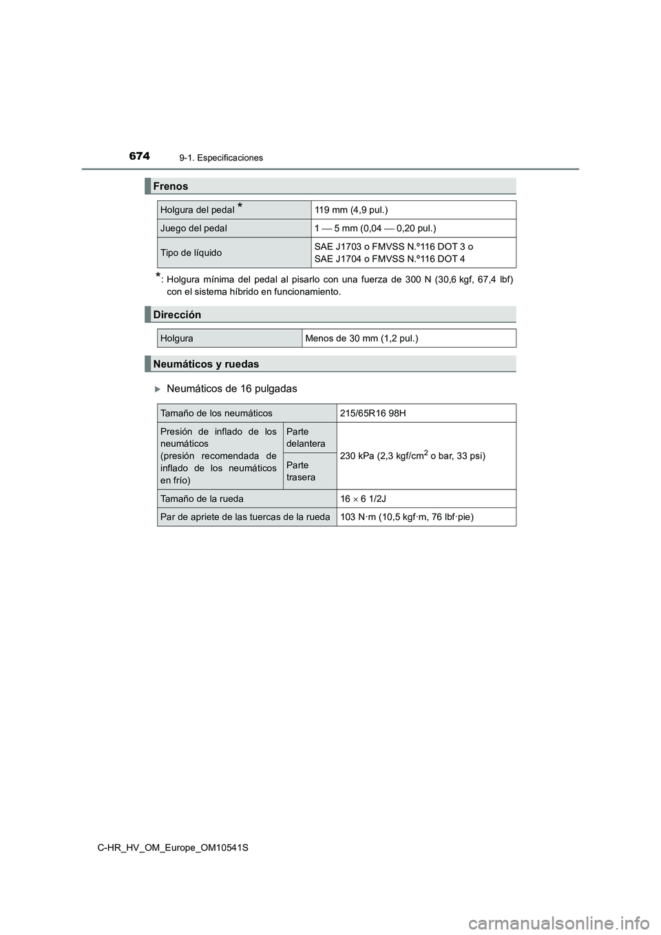 TOYOTA C_HR HYBRID 2017  Manual del propietario (in Spanish) 6749-1. Especificaciones
C-HR_HV_OM_Europe_OM10541S
*: Holgura mínima del pedal al pisarlo con una fuerza de 300 N (30,6 kgf, 67,4 lbf) 
con el sistema híbrido en funcionamiento.
Neumáticos de 1