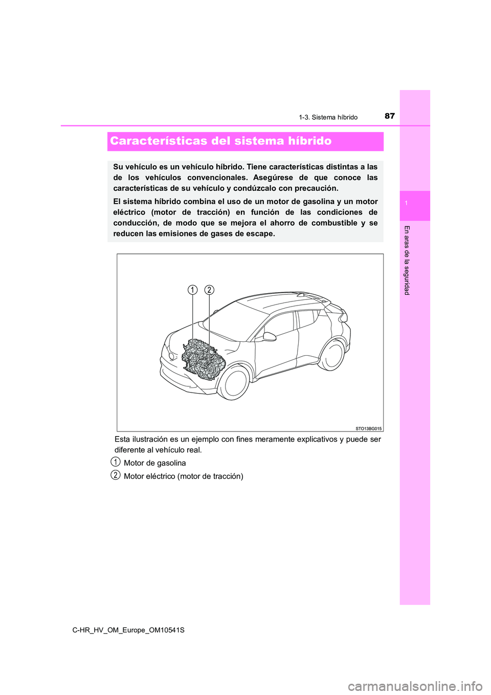 TOYOTA C_HR HYBRID 2017  Manual del propietario (in Spanish) 87
1
1-3. Sistema híbrido
En aras de la seguridad
C-HR_HV_OM_Europe_OM10541S
Características del sistema híbrido
Esta ilustración es un ejemplo con fines meramente explicativos y puede ser 
difere