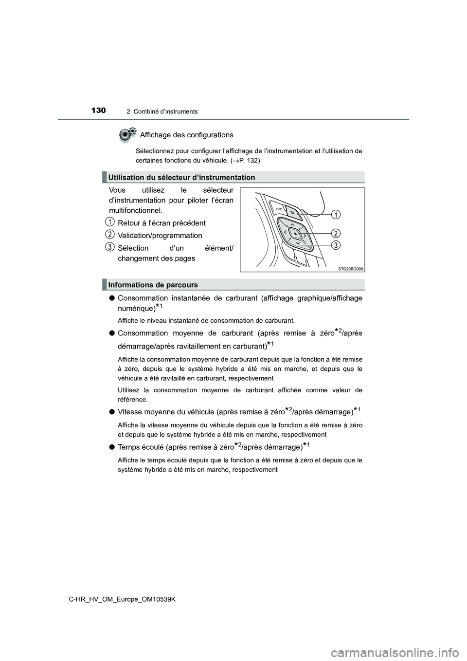 TOYOTA C_HR HYBRID 2017 Manuel du propriétaire (in French) 1302. Combiné d’instruments
C-HR_HV_OM_Europe_OM10539K
Affichage des configurations
Sélectionnez pour configurer l’affichage de l’instrumentation et l’utilisation de
certaines fonctions du TOYOTA C_HR HYBRID 2017 Manuel du propriétaire (in French) 1302. Combiné d’instruments
C-HR_HV_OM_Europe_OM10539K
Affichage des configurations
Sélectionnez pour configurer l’affichage de l’instrumentation et l’utilisation de
certaines fonctions du