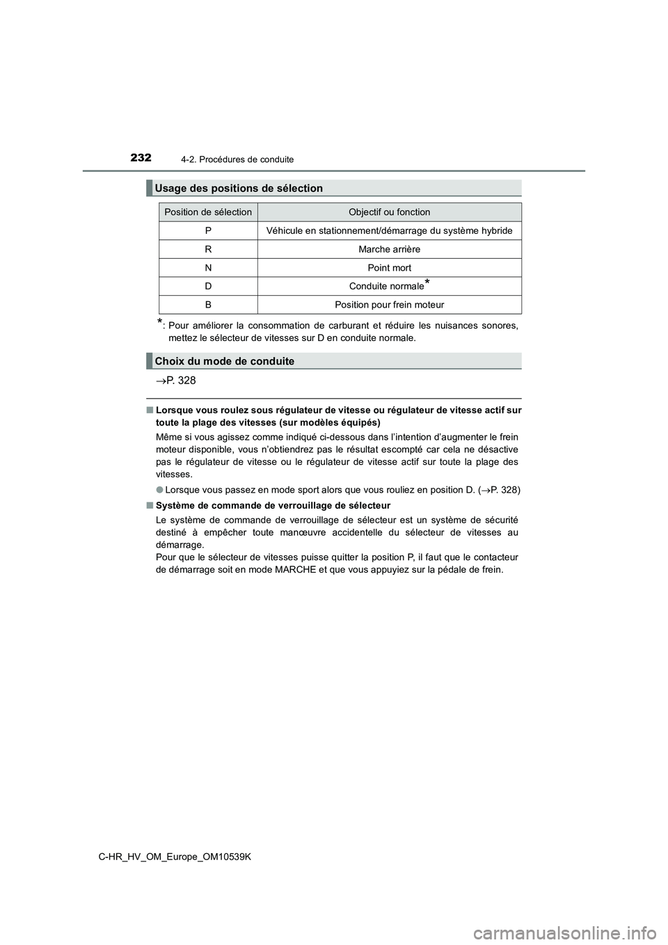 TOYOTA C_HR HYBRID 2017  Manuel du propriétaire (in French) 2324-2. Procédures de conduite
C-HR_HV_OM_Europe_OM10539K
*: Pour améliorer la consommation de carburant et réduire les nuisances sonores, 
mettez le sélecteur de vitesses sur D en conduite normal