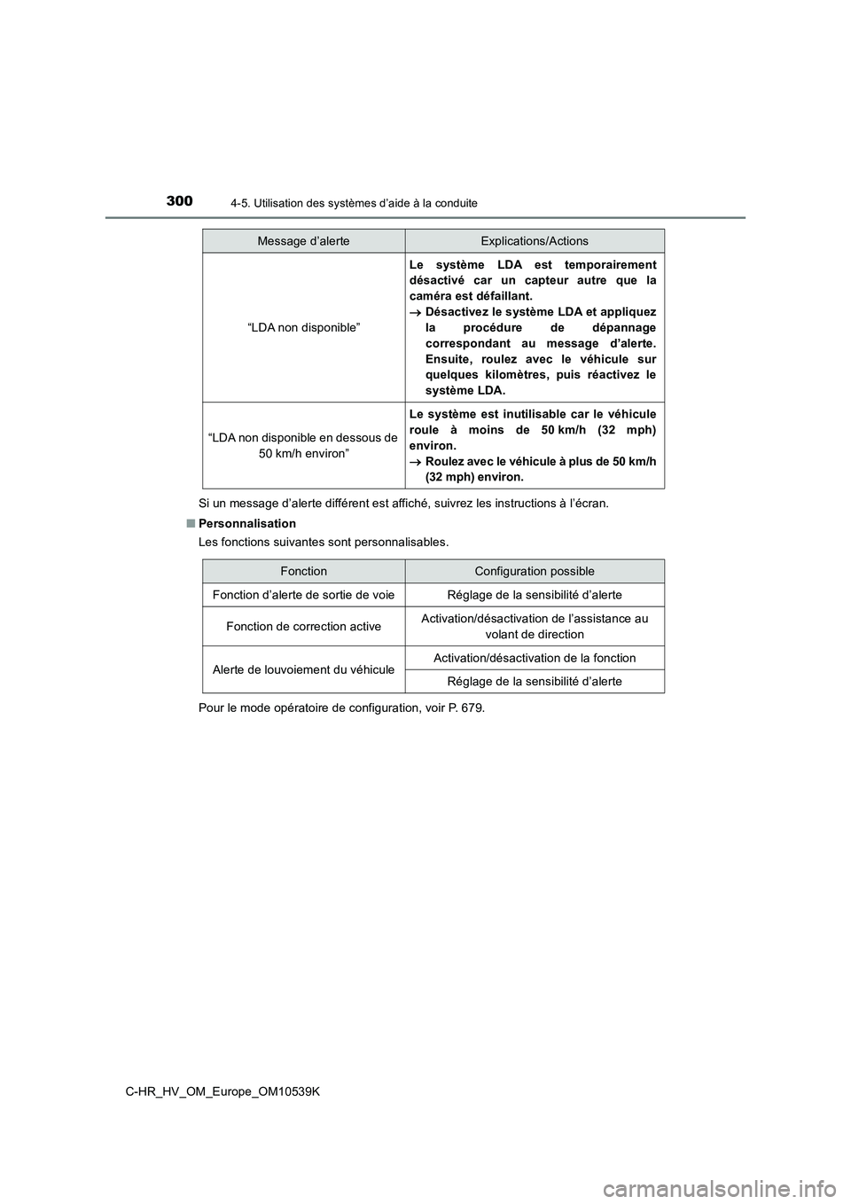 TOYOTA C_HR HYBRID 2017 Manuel du propriétaire (in French) 3004-5. Utilisation des systèmes d’aide à la conduite
C-HR_HV_OM_Europe_OM10539K
Si un message d’alerte différent est affiché, suivrez les instructions à l’écran.
■ Personnalisation
L TOYOTA C_HR HYBRID 2017 Manuel du propriétaire (in French) 3004-5. Utilisation des systèmes d’aide à la conduite
C-HR_HV_OM_Europe_OM10539K
Si un message d’alerte différent est affiché, suivrez les instructions à l’écran.
■ Personnalisation
L