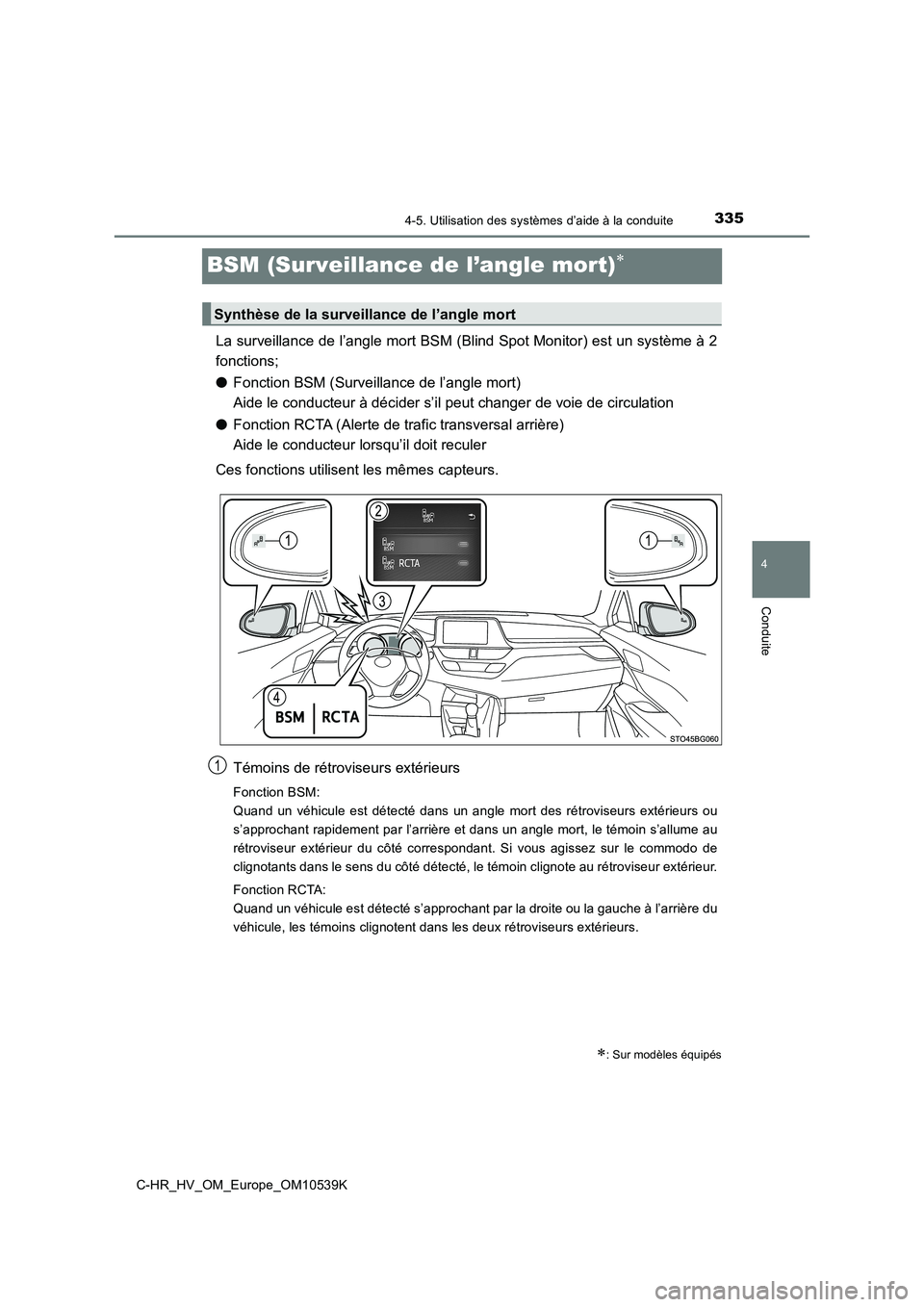TOYOTA C_HR HYBRID 2017  Manuel du propriétaire (in French) 335
4
4-5. Utilisation des systèmes d’aide à la conduite
Conduite
C-HR_HV_OM_Europe_OM10539K
BSM (Surveillance de l’angle mort)
La surveillance de l’angle mort BSM (Blind Spot Monitor) est 