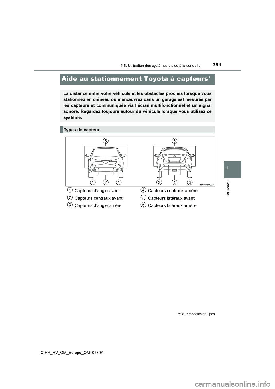 TOYOTA C_HR HYBRID 2017 Manuel du propriétaire (in French) 351
4
4-5. Utilisation des systèmes d’aide à la conduite
Conduite
C-HR_HV_OM_Europe_OM10539K
Aide au stationnement Toyota à capteurs
: Sur modèles équipés
La distance entre votre véhicu TOYOTA C_HR HYBRID 2017 Manuel du propriétaire (in French) 351
4
4-5. Utilisation des systèmes d’aide à la conduite
Conduite
C-HR_HV_OM_Europe_OM10539K
Aide au stationnement Toyota à capteurs
: Sur modèles équipés
La distance entre votre véhicu