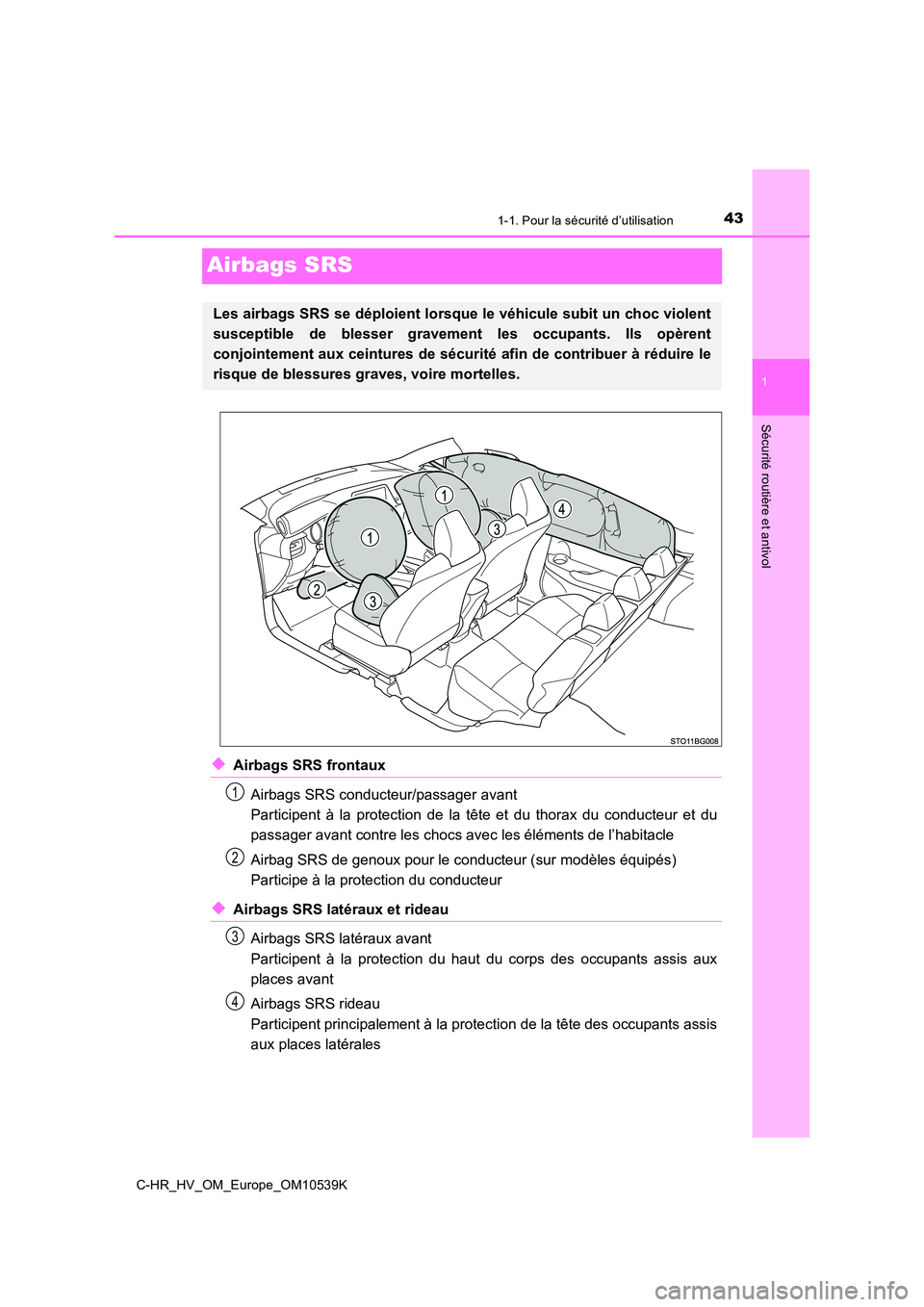 TOYOTA C_HR HYBRID 2017 Manuel du propriétaire (in French) 431-1. Pour la sécurité d’utilisation
1
Sécurité routière et antivol
C-HR_HV_OM_Europe_OM10539K
Airbags SRS
◆Airbags SRS frontaux
Airbags SRS conducteur/passager avant
Participent à la pr TOYOTA C_HR HYBRID 2017 Manuel du propriétaire (in French) 431-1. Pour la sécurité d’utilisation
1
Sécurité routière et antivol
C-HR_HV_OM_Europe_OM10539K
Airbags SRS
◆Airbags SRS frontaux
Airbags SRS conducteur/passager avant
Participent à la pr