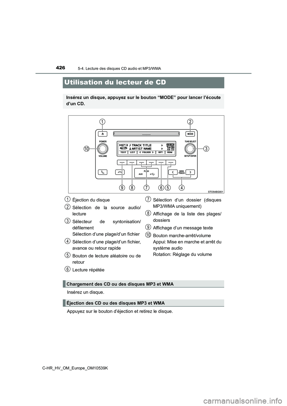 TOYOTA C_HR HYBRID 2017 Manuel du propriétaire (in French) 4265-4. Lecture des disques CD audio et MP3/WMA
C-HR_HV_OM_Europe_OM10539K
Utilisation du lecteur de CD
Insérez un disque.
Appuyez sur le bouton d’éjection et retirez le disque.
Insérez un disqu TOYOTA C_HR HYBRID 2017 Manuel du propriétaire (in French) 4265-4. Lecture des disques CD audio et MP3/WMA
C-HR_HV_OM_Europe_OM10539K
Utilisation du lecteur de CD
Insérez un disque.
Appuyez sur le bouton d’éjection et retirez le disque.
Insérez un disqu