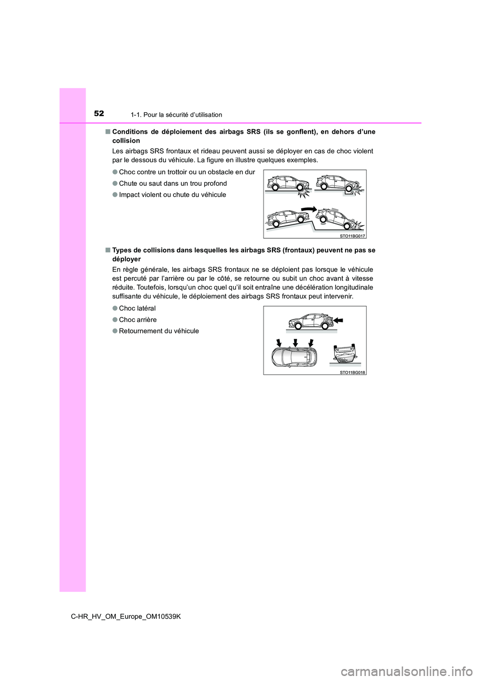 TOYOTA C_HR HYBRID 2017 Manuel du propriétaire (in French) 521-1. Pour la sécurité d’utilisation
C-HR_HV_OM_Europe_OM10539K
■ Conditions de déploiement des airbags SRS (ils se gonflent), en dehors d’une
collision
Les airbags SRS frontaux et rideau TOYOTA C_HR HYBRID 2017 Manuel du propriétaire (in French) 521-1. Pour la sécurité d’utilisation
C-HR_HV_OM_Europe_OM10539K
■ Conditions de déploiement des airbags SRS (ils se gonflent), en dehors d’une
collision
Les airbags SRS frontaux et rideau