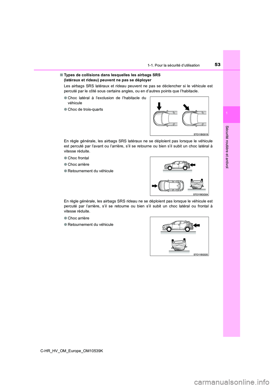 TOYOTA C_HR HYBRID 2017 Manuel du propriétaire (in French) 531-1. Pour la sécurité d’utilisation
1
Sécurité routière et antivol
C-HR_HV_OM_Europe_OM10539K
■ Types de collisions dans lesquelles les airbags SRS
(latéraux et rideau) peuvent ne pas s TOYOTA C_HR HYBRID 2017 Manuel du propriétaire (in French) 531-1. Pour la sécurité d’utilisation
1
Sécurité routière et antivol
C-HR_HV_OM_Europe_OM10539K
■ Types de collisions dans lesquelles les airbags SRS
(latéraux et rideau) peuvent ne pas s