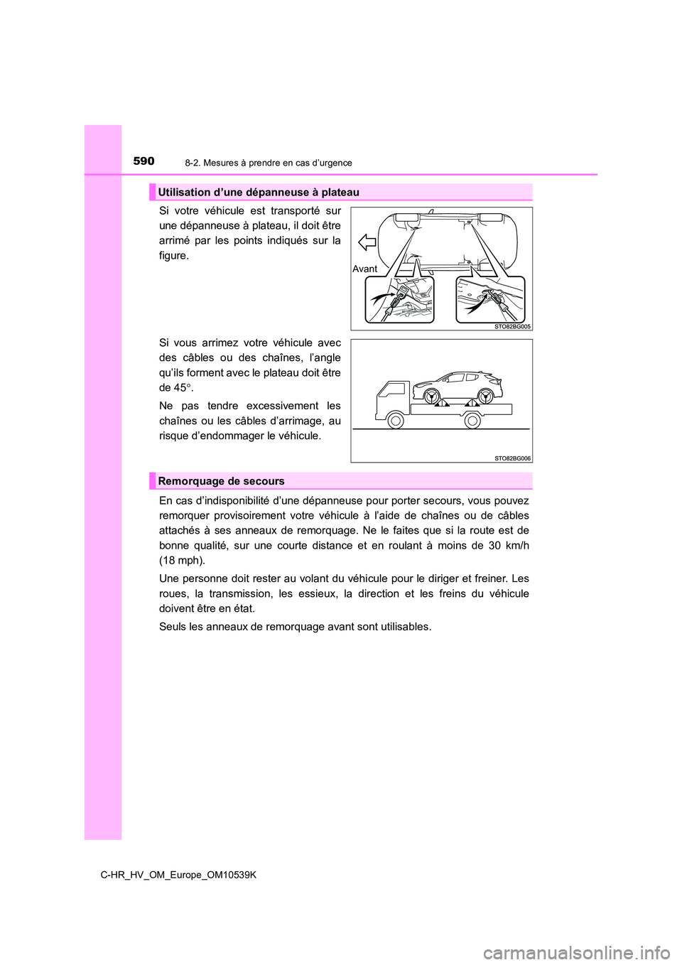 TOYOTA C_HR HYBRID 2017 Manuel du propriétaire (in French) 5908-2. Mesures à prendre en cas d’urgence
C-HR_HV_OM_Europe_OM10539K
Si votre véhicule est transporté sur
une dépanneuse à plateau, il doit être
arrimé par les points indiqués sur la
figu TOYOTA C_HR HYBRID 2017 Manuel du propriétaire (in French) 5908-2. Mesures à prendre en cas d’urgence
C-HR_HV_OM_Europe_OM10539K
Si votre véhicule est transporté sur
une dépanneuse à plateau, il doit être
arrimé par les points indiqués sur la
figu
