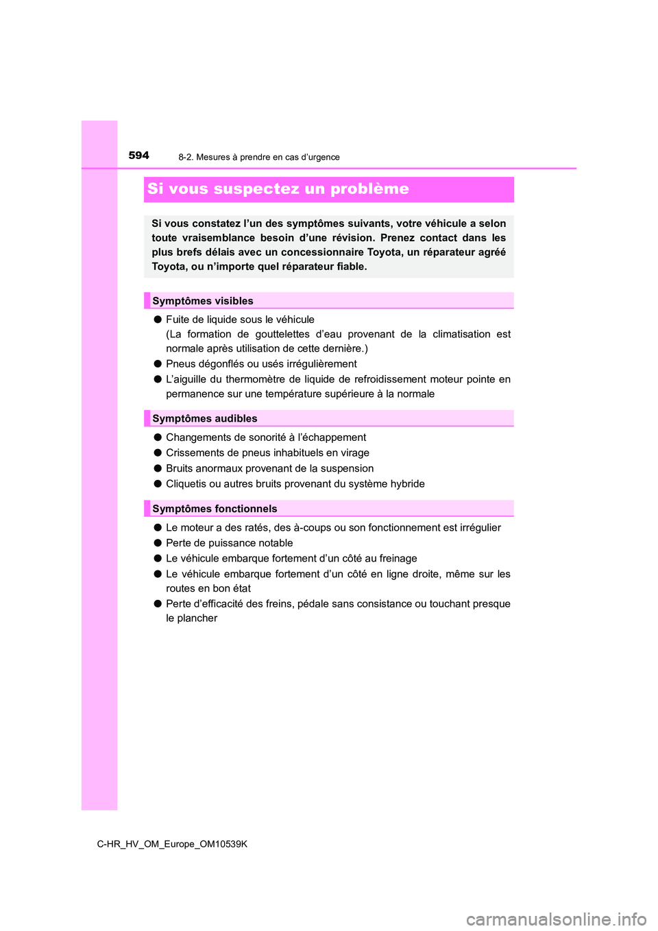 TOYOTA C_HR HYBRID 2017  Manuel du propriétaire (in French) 5948-2. Mesures à prendre en cas d’urgence
C-HR_HV_OM_Europe_OM10539K
Si vous suspectez un problème
●Fuite de liquide sous le véhicule 
(La formation de gouttelettes d’eau provenant de la cli