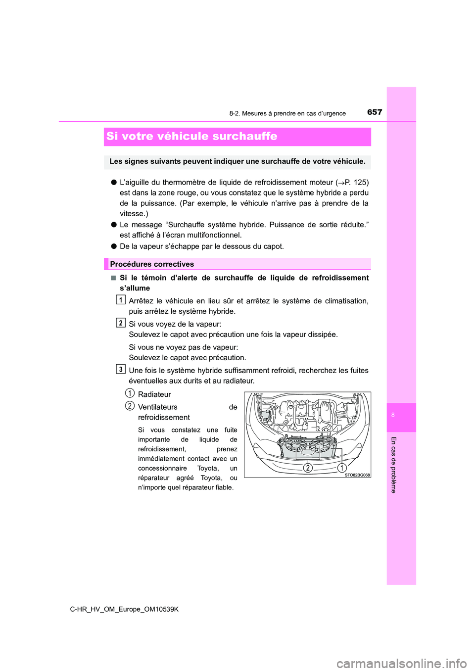 TOYOTA C_HR HYBRID 2017 Manuel du propriétaire (in French) 6578-2. Mesures à prendre en cas d’urgence
C-HR_HV_OM_Europe_OM10539K
8
En cas de problème
Si votre véhicule surchauffe
●L’aiguille du thermomètre de liquide de refroidissement moteur (P. TOYOTA C_HR HYBRID 2017 Manuel du propriétaire (in French) 6578-2. Mesures à prendre en cas d’urgence
C-HR_HV_OM_Europe_OM10539K
8
En cas de problème
Si votre véhicule surchauffe
●L’aiguille du thermomètre de liquide de refroidissement moteur (P.