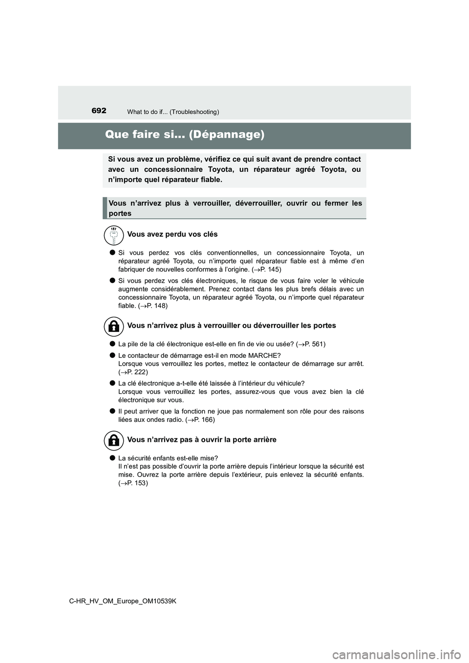 TOYOTA C_HR HYBRID 2017 Manuel du propriétaire (in French) 692What to do if... (Troubleshooting)
C-HR_HV_OM_Europe_OM10539K
Que faire si... (Dépannage)
●Si vous perdez vos clés conventionnelles, un concessionnaire Toyota, un
réparateur agréé Toyota, o TOYOTA C_HR HYBRID 2017 Manuel du propriétaire (in French) 692What to do if... (Troubleshooting)
C-HR_HV_OM_Europe_OM10539K
Que faire si... (Dépannage)
●Si vous perdez vos clés conventionnelles, un concessionnaire Toyota, un
réparateur agréé Toyota, o
