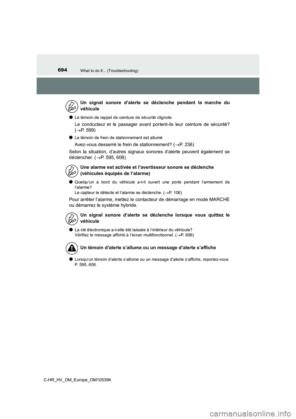 TOYOTA C_HR HYBRID 2017 Manuel du propriétaire (in French) 694What to do if... (Troubleshooting)
C-HR_HV_OM_Europe_OM10539K
●Le témoin de rappel de ceinture de sécurité clignote
Le conducteur et le passager avant portent-ils leur ceinture de sécurité? TOYOTA C_HR HYBRID 2017 Manuel du propriétaire (in French) 694What to do if... (Troubleshooting)
C-HR_HV_OM_Europe_OM10539K
●Le témoin de rappel de ceinture de sécurité clignote
Le conducteur et le passager avant portent-ils leur ceinture de sécurité?