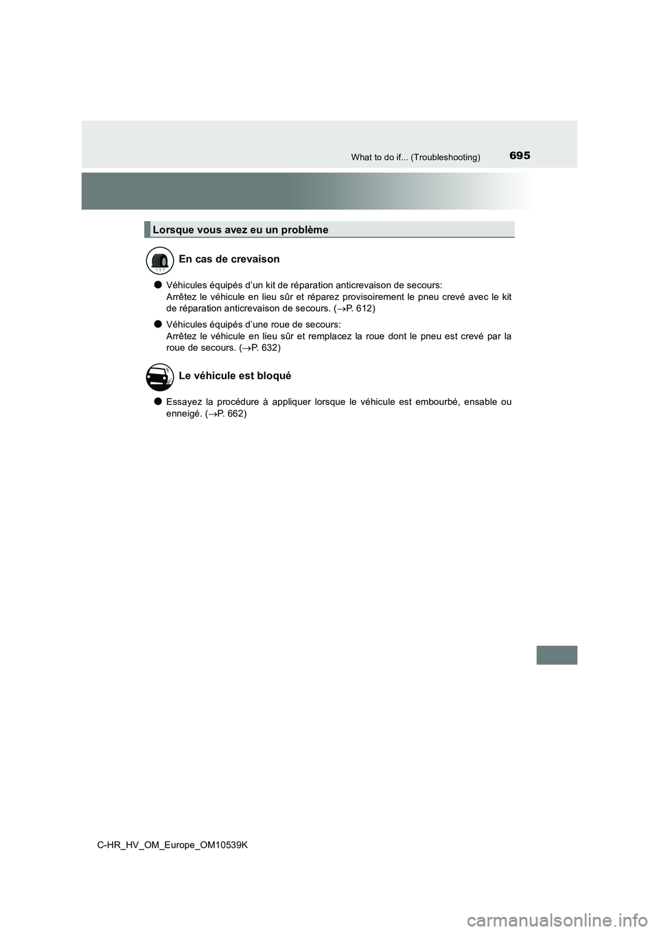 TOYOTA C_HR HYBRID 2017 Manuel du propriétaire (in French) 695What to do if... (Troubleshooting)
C-HR_HV_OM_Europe_OM10539K
●Véhicules équipés d’un kit de réparation anticrevaison de secours:
Arrêtez le véhicule en lieu sûr et réparez provisoire TOYOTA C_HR HYBRID 2017 Manuel du propriétaire (in French) 695What to do if... (Troubleshooting)
C-HR_HV_OM_Europe_OM10539K
●Véhicules équipés d’un kit de réparation anticrevaison de secours:
Arrêtez le véhicule en lieu sûr et réparez provisoire
