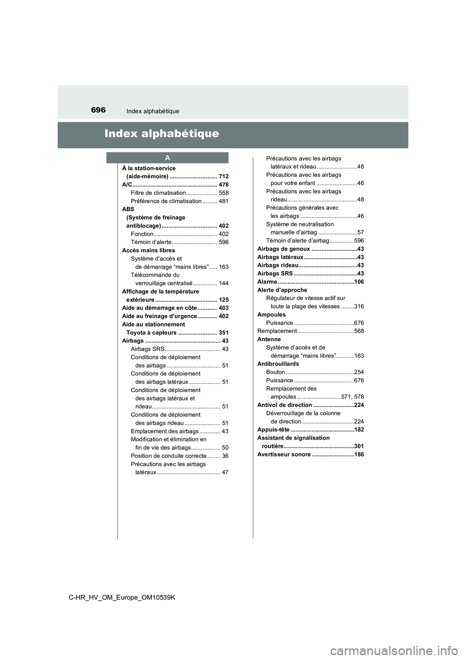 TOYOTA C_HR HYBRID 2017  Manuel du propriétaire (in French) 696Index alphabétique
C-HR_HV_OM_Europe_OM10539K
Index alphabétique
À la station-service  
(aide-mémoire) ............................. 712 
A/C ...................................................