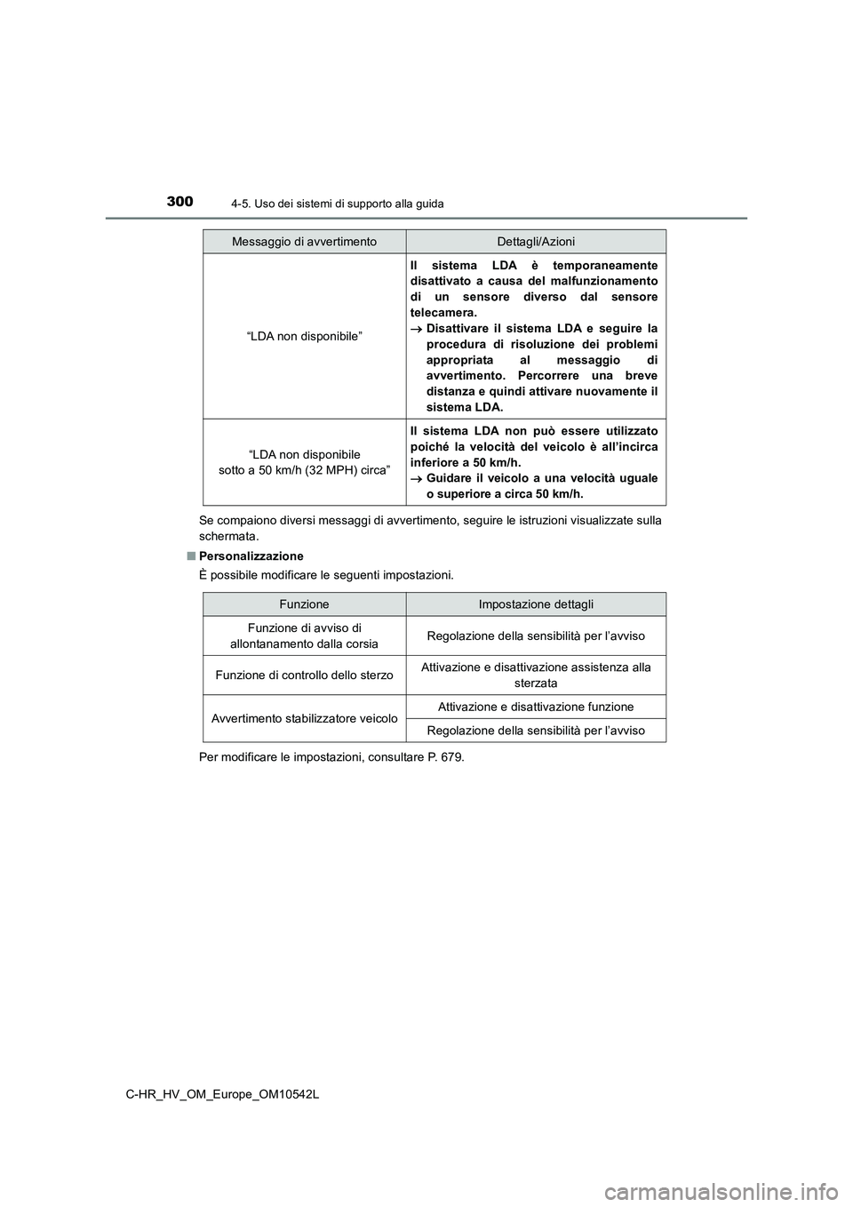 TOYOTA C_HR HYBRID 2016  Manuale duso (in Italian) 3004-5. Uso dei sistemi di supporto alla guida
C-HR_HV_OM_Europe_OM10542L 
Se compaiono diversi messaggi di avvertimento, seguire le istruzioni visualizzate sulla 
schermata. 
■ Personalizzazione 
