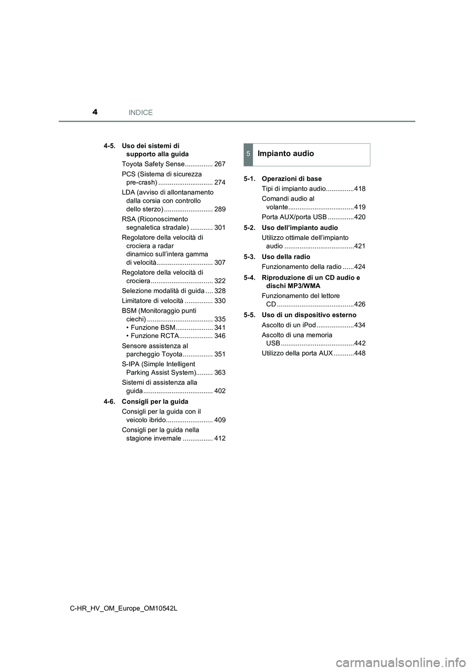 TOYOTA C_HR HYBRID 2017  Manuale duso (in Italian) INDICE4
C-HR_HV_OM_Europe_OM10542L 
4-5. Uso dei sistemi di  
supporto alla guida 
Toyota Safety Sense............... 267 
PCS (Sistema di sicurezza  
pre-crash) ............................. 274 
LDA