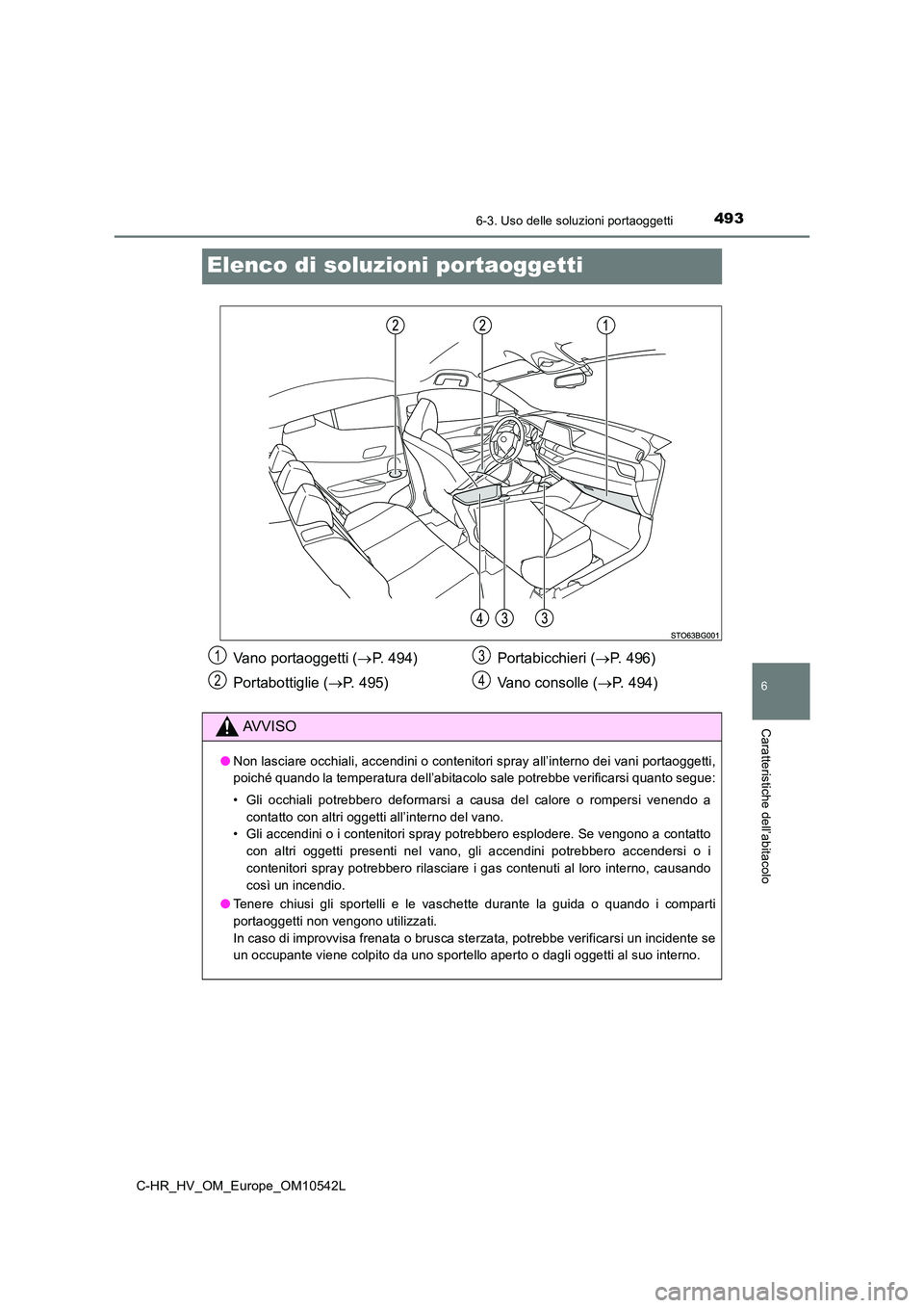 TOYOTA C_HR HYBRID 2016  Manuale duso (in Italian) 4936-3. Uso delle soluzioni portaoggetti
C-HR_HV_OM_Europe_OM10542L
6
Caratteristiche dell’abitacolo
Elenco di soluzioni portaoggetti
Vano portaoggetti (P. 494) 
Portabottiglie ( P. 495) 
Port