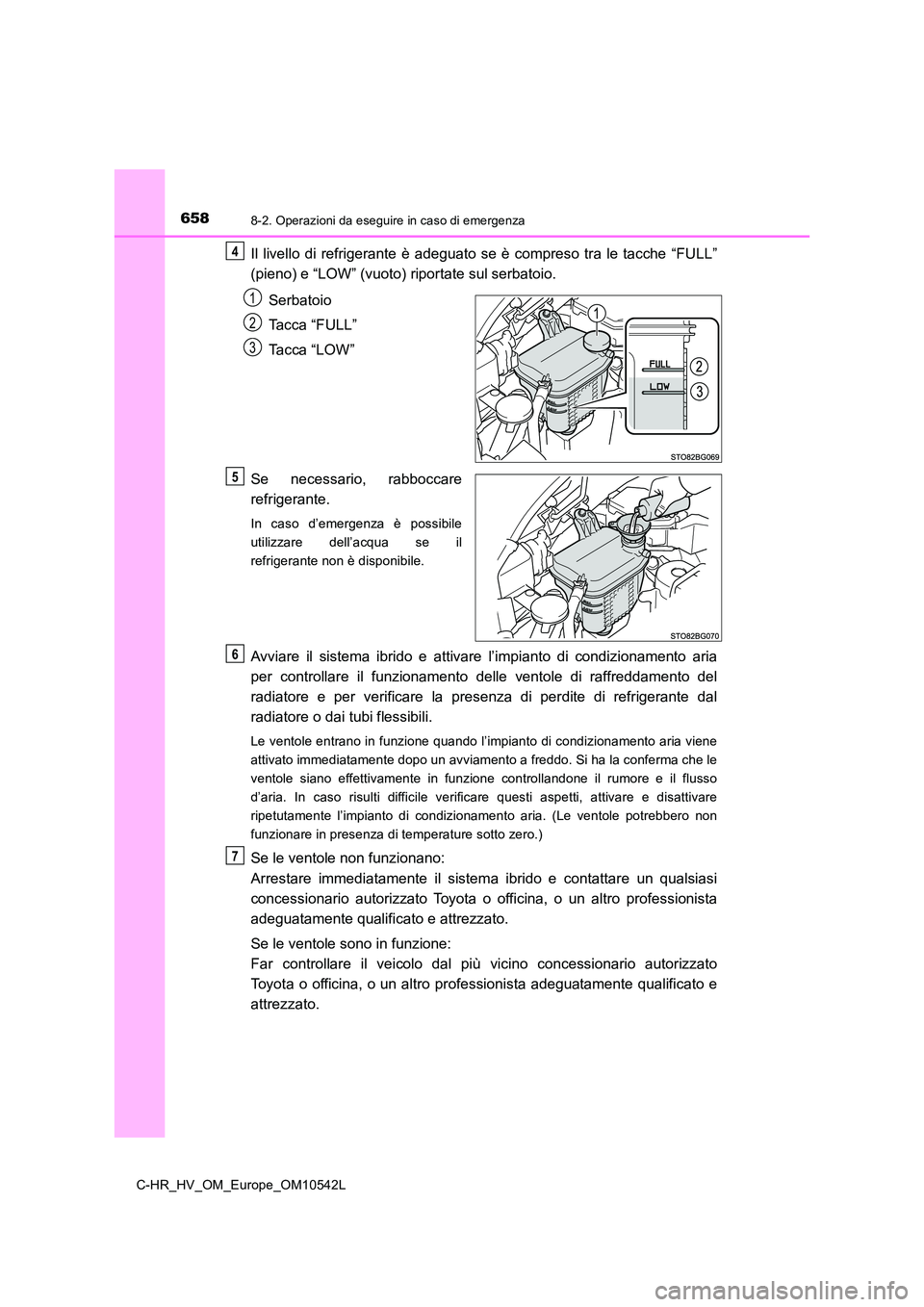 TOYOTA C_HR HYBRID 2016 Manuale duso (in Italian) 6588-2. Operazioni da eseguire in caso di emergenza
C-HR_HV_OM_Europe_OM10542L
Il livello di refrigerante è adeguato se è compreso tra le tacche “FULL”
(pieno) e “LOW” (vuoto) riportate su TOYOTA C_HR HYBRID 2016 Manuale duso (in Italian) 6588-2. Operazioni da eseguire in caso di emergenza
C-HR_HV_OM_Europe_OM10542L
Il livello di refrigerante è adeguato se è compreso tra le tacche “FULL”
(pieno) e “LOW” (vuoto) riportate su