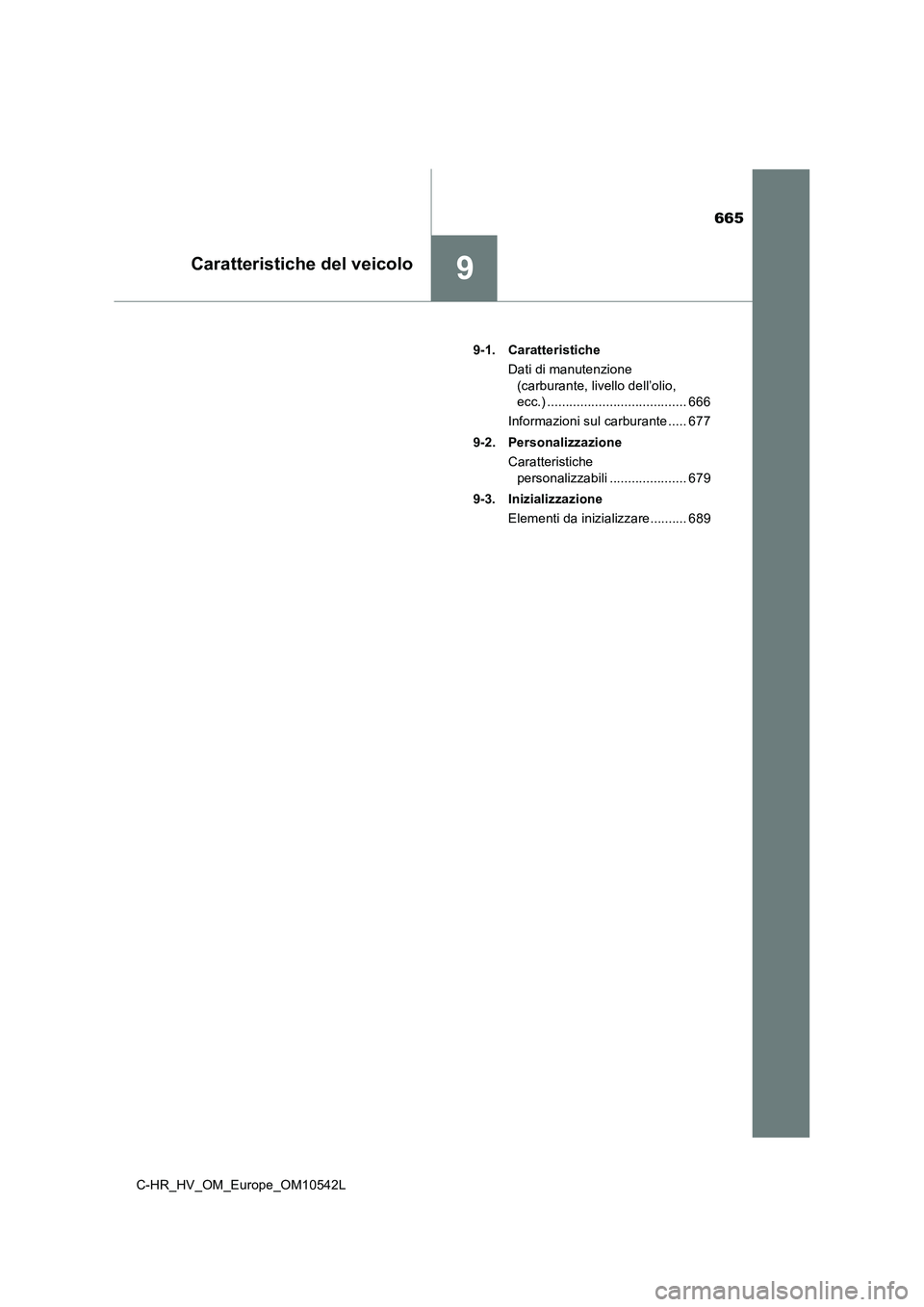 TOYOTA C_HR HYBRID 2016  Manuale duso (in Italian) 665
9Caratteristiche del veicolo
C-HR_HV_OM_Europe_OM10542L 
9-1. Caratteristiche 
Dati di manutenzione  
(carburante, livello dell’olio,  
ecc.) ...................................... 666 
Informaz