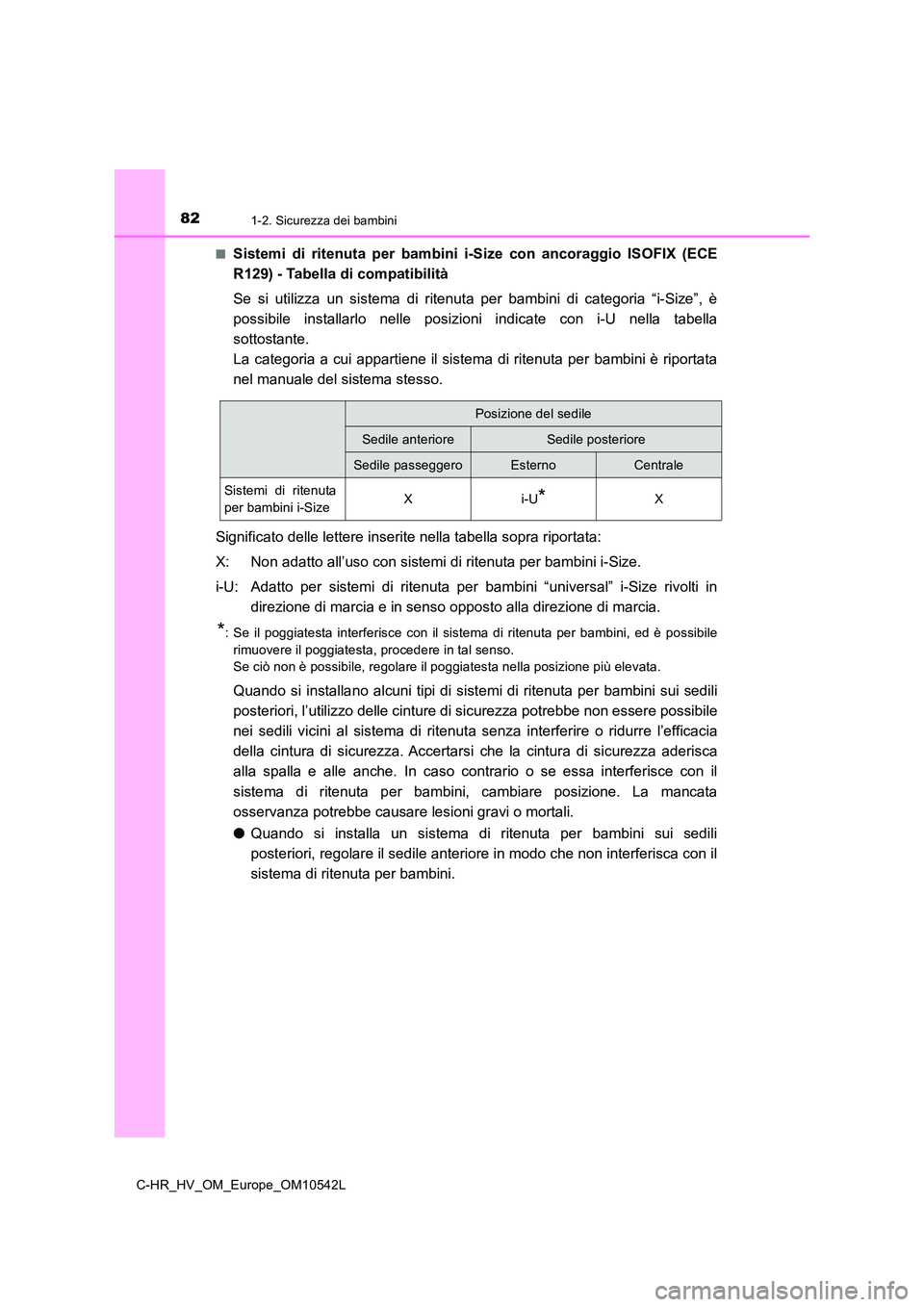 TOYOTA C_HR HYBRID 2016  Manuale duso (in Italian) 821-2. Sicurezza dei bambini
C-HR_HV_OM_Europe_OM10542L 
■Sistemi di ritenuta per bambini i-Size con ancoraggio ISOFIX (ECE 
R129) - Tabella di compatibilità 
Se si utilizza un sistema di ritenuta 