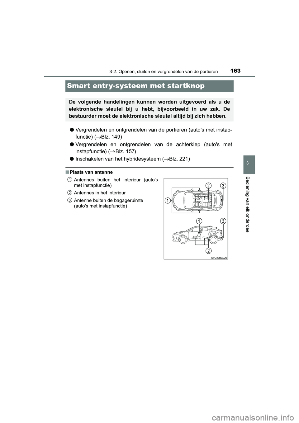 TOYOTA C_HR HYBRID 2017 Instructieboekje (in Dutch) 163
3
3-2. Openen, sluiten en vergrendelen van de portieren
Bediening van elk onderdeel
C-HR_HV_OM_Europe_OM10538E
Smart entr y-systeem met startknop
●Vergrendelen en ontgrendelen van de portieren ( TOYOTA C_HR HYBRID 2017 Instructieboekje (in Dutch) 163
3
3-2. Openen, sluiten en vergrendelen van de portieren
Bediening van elk onderdeel
C-HR_HV_OM_Europe_OM10538E
Smart entr y-systeem met startknop
●Vergrendelen en ontgrendelen van de portieren (