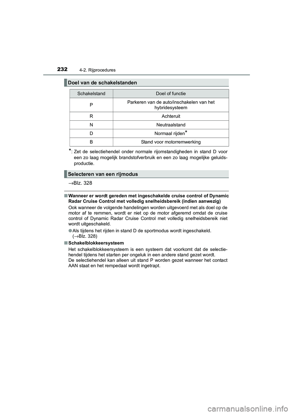 TOYOTA C_HR HYBRID 2017 Instructieboekje (in Dutch) 2324-2. Rijprocedures
C-HR_HV_OM_Europe_OM10538E
*: Zet de selectiehendel onder normale rijomstandigheden in stand D vooreen zo laag mogelijk brandstofverbruik en een zo laag mogelij TOYOTA C_HR HYBRID 2017 Instructieboekje (in Dutch) 2324-2. Rijprocedures
C-HR_HV_OM_Europe_OM10538E
*: Zet de selectiehendel onder normale rijomstandigheden in stand D vooreen zo laag mogelijk brandstofverbruik en een zo laag mogelij