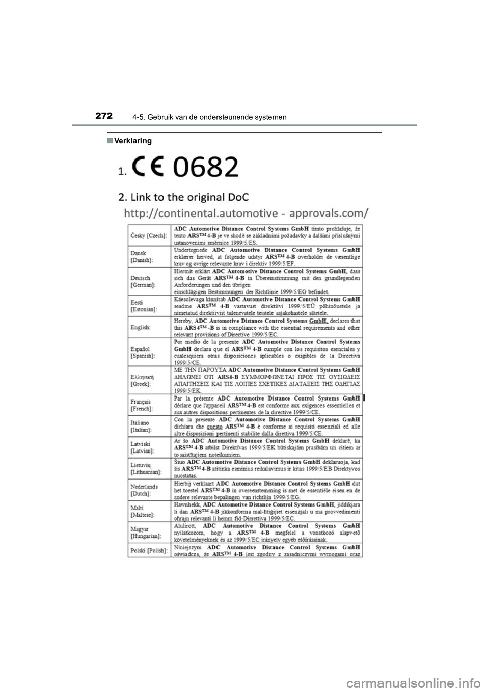 TOYOTA C_HR HYBRID 2017 Instructieboekje (in Dutch) 2724-5. Gebruik van de ondersteunende systemen
C-HR_HV_OM_Europe_OM10538E
■Ve rk l a r i n g
C-HR_HV_OM_Europe_OM10538E.b ook Page 272 Friday, September 9, 2016 12:21 PM TOYOTA C_HR HYBRID 2017 Instructieboekje (in Dutch) 2724-5. Gebruik van de ondersteunende systemen
C-HR_HV_OM_Europe_OM10538E
■Ve rk l a r i n g
C-HR_HV_OM_Europe_OM10538E.b ook Page 272 Friday, September 9, 2016 12:21 PM