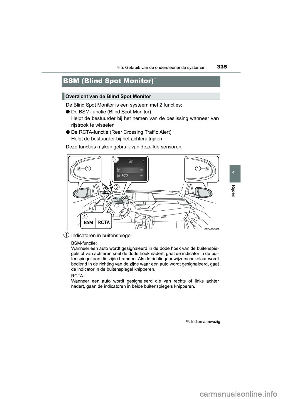 TOYOTA C_HR HYBRID 2017 Instructieboekje (in Dutch) 335
4
4-5. Gebruik van de ondersteunende systemen
Rijden
C-HR_HV_OM_Europe_OM10538E
BSM (Blind Spot Monitor)∗
De Blind Spot Monitor is een systeem met 2 functies;
● De BSM-functie (Blind Spot Moni TOYOTA C_HR HYBRID 2017 Instructieboekje (in Dutch) 335
4
4-5. Gebruik van de ondersteunende systemen
Rijden
C-HR_HV_OM_Europe_OM10538E
BSM (Blind Spot Monitor)∗
De Blind Spot Monitor is een systeem met 2 functies;
● De BSM-functie (Blind Spot Moni