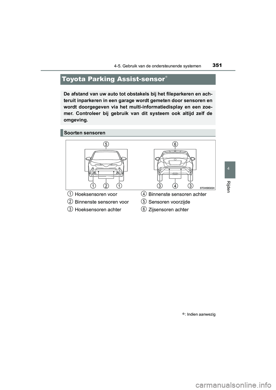 TOYOTA C_HR HYBRID 2017 Instructieboekje (in Dutch) 351
4
4-5. Gebruik van de ondersteunende systemen
Rijden
C-HR_HV_OM_Europe_OM10538E
Toyota Parking Assist-sensor∗
∗: Indien aanwezig
De afstand van uw auto tot obstakels bij het fileparkeren en ac TOYOTA C_HR HYBRID 2017 Instructieboekje (in Dutch) 351
4
4-5. Gebruik van de ondersteunende systemen
Rijden
C-HR_HV_OM_Europe_OM10538E
Toyota Parking Assist-sensor∗
∗: Indien aanwezig
De afstand van uw auto tot obstakels bij het fileparkeren en ac