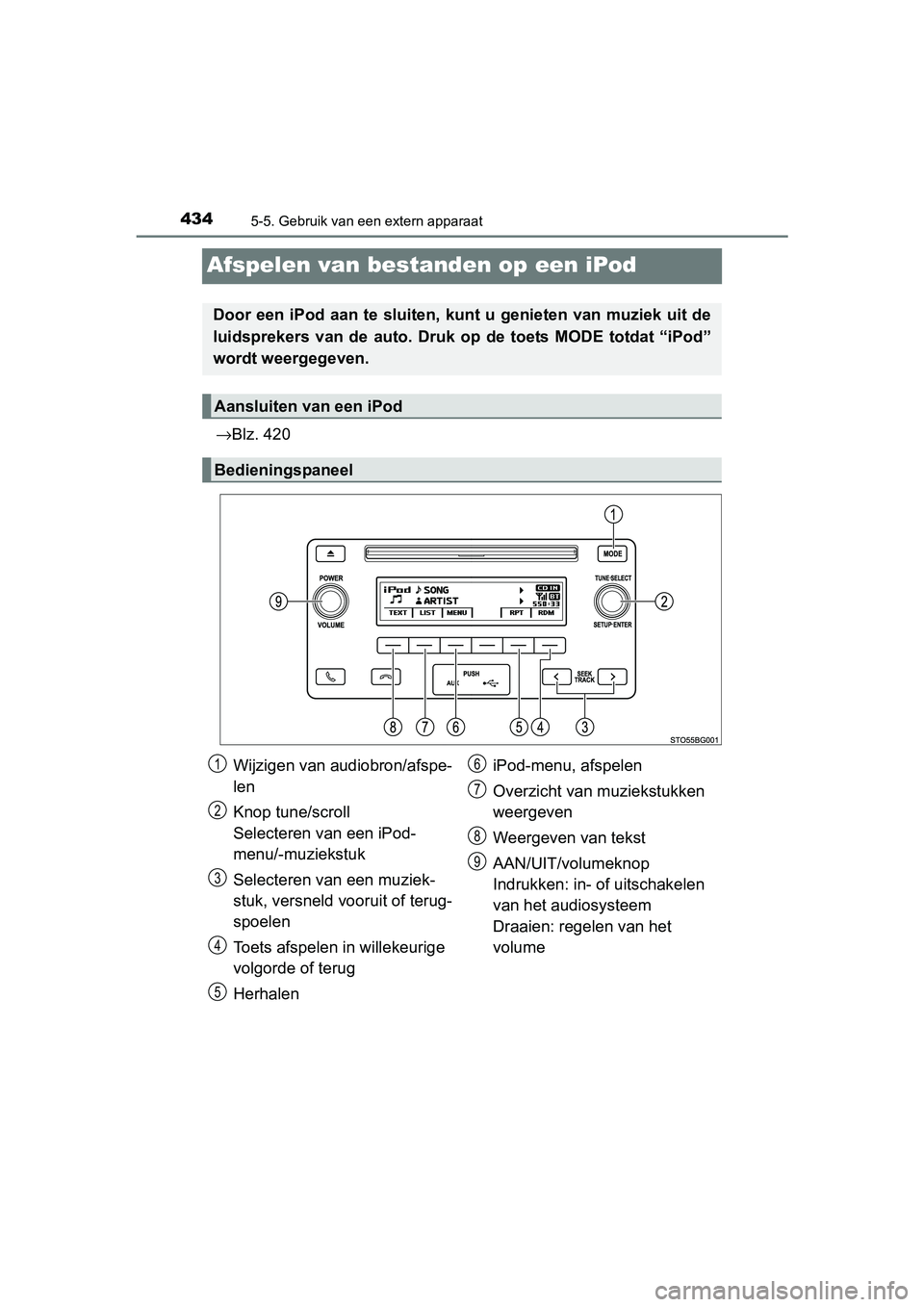 TOYOTA C_HR HYBRID 2017 Instructieboekje (in Dutch) 4345-5. Gebruik van een extern apparaat
C-HR_HV_OM_Europe_OM10538E
Afspelen van bestanden op een iPod
→Blz. 420
Door een iPod aan te sluiten, kunt u genieten van muziek uit de
luidsprekers van de TOYOTA C_HR HYBRID 2017 Instructieboekje (in Dutch) 4345-5. Gebruik van een extern apparaat
C-HR_HV_OM_Europe_OM10538E
Afspelen van bestanden op een iPod
→Blz. 420
Door een iPod aan te sluiten, kunt u genieten van muziek uit de
luidsprekers van de