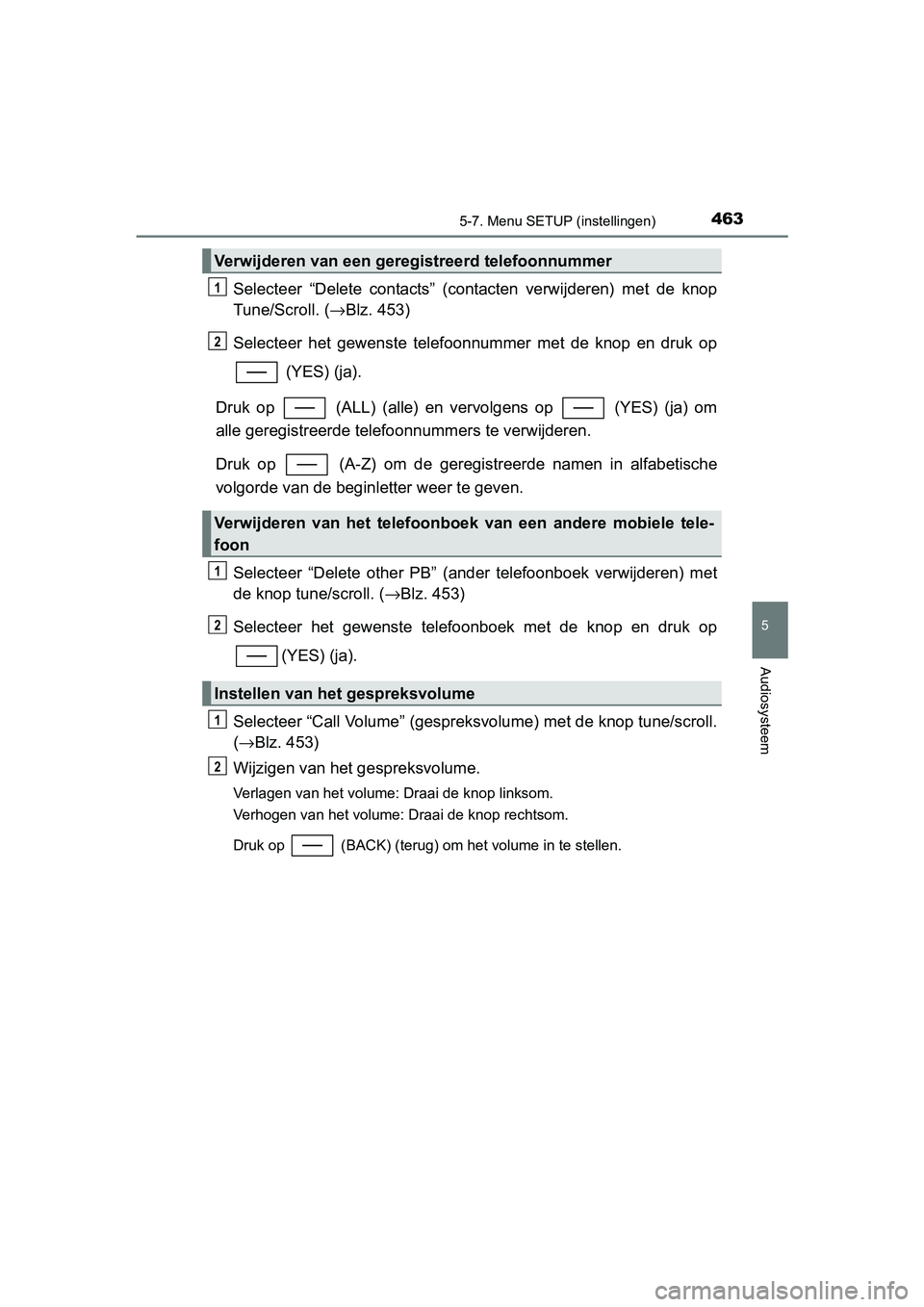 TOYOTA C_HR HYBRID 2017 Instructieboekje (in Dutch) 4635-7. Menu SETUP (instellingen)
5
Audiosysteem
C-HR_HV_OM_Europe_OM10538E
Selecteer “Delete contacts” (contacten verwijderen) met de knop
Tune/Scroll. (→Blz. 453)
Selecteer het gewens TOYOTA C_HR HYBRID 2017 Instructieboekje (in Dutch) 4635-7. Menu SETUP (instellingen)
5
Audiosysteem
C-HR_HV_OM_Europe_OM10538E
Selecteer “Delete contacts” (contacten verwijderen) met de knop
Tune/Scroll. (→Blz. 453)
Selecteer het gewens