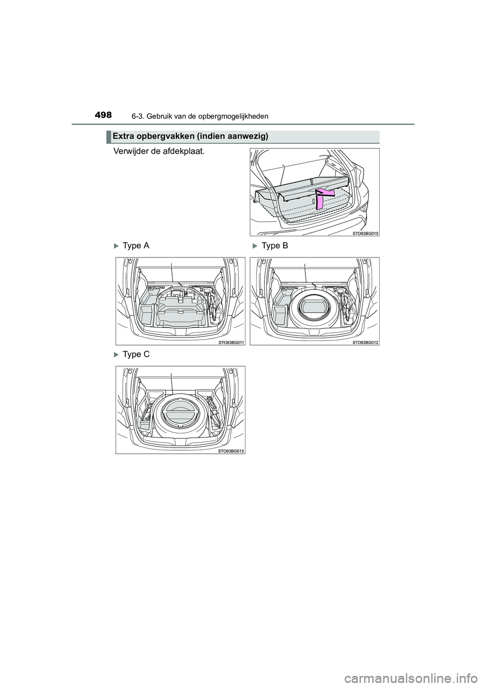 TOYOTA C_HR HYBRID 2017  Instructieboekje (in Dutch) 4986-3. Gebruik van de opbergmogelijkheden
C-HR_HV_OM_Europe_OM10538E
Verwijder de afdekplaat.
Extra opbergvakken (indien aanwezig)
Ty p e   AType B
Ty p e   C
C-HR_HV_OM_Europe_OM10538E.book
