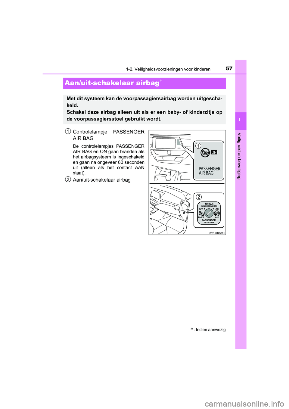 TOYOTA C_HR HYBRID 2017 Instructieboekje (in Dutch) 571-2. Veiligheidsvoorzieningen voor kinderen
1
Veiligheid en beveiliging
C-HR_HV_OM_Europe_OM10538E
Aan/uit-schakelaar airbag∗
Controlelampje PASSENGER
AIR BAG
De controlelampjes PASSENGER
AIR TOYOTA C_HR HYBRID 2017 Instructieboekje (in Dutch) 571-2. Veiligheidsvoorzieningen voor kinderen
1
Veiligheid en beveiliging
C-HR_HV_OM_Europe_OM10538E
Aan/uit-schakelaar airbag∗
Controlelampje PASSENGER
AIR BAG
De controlelampjes PASSENGER
AIR