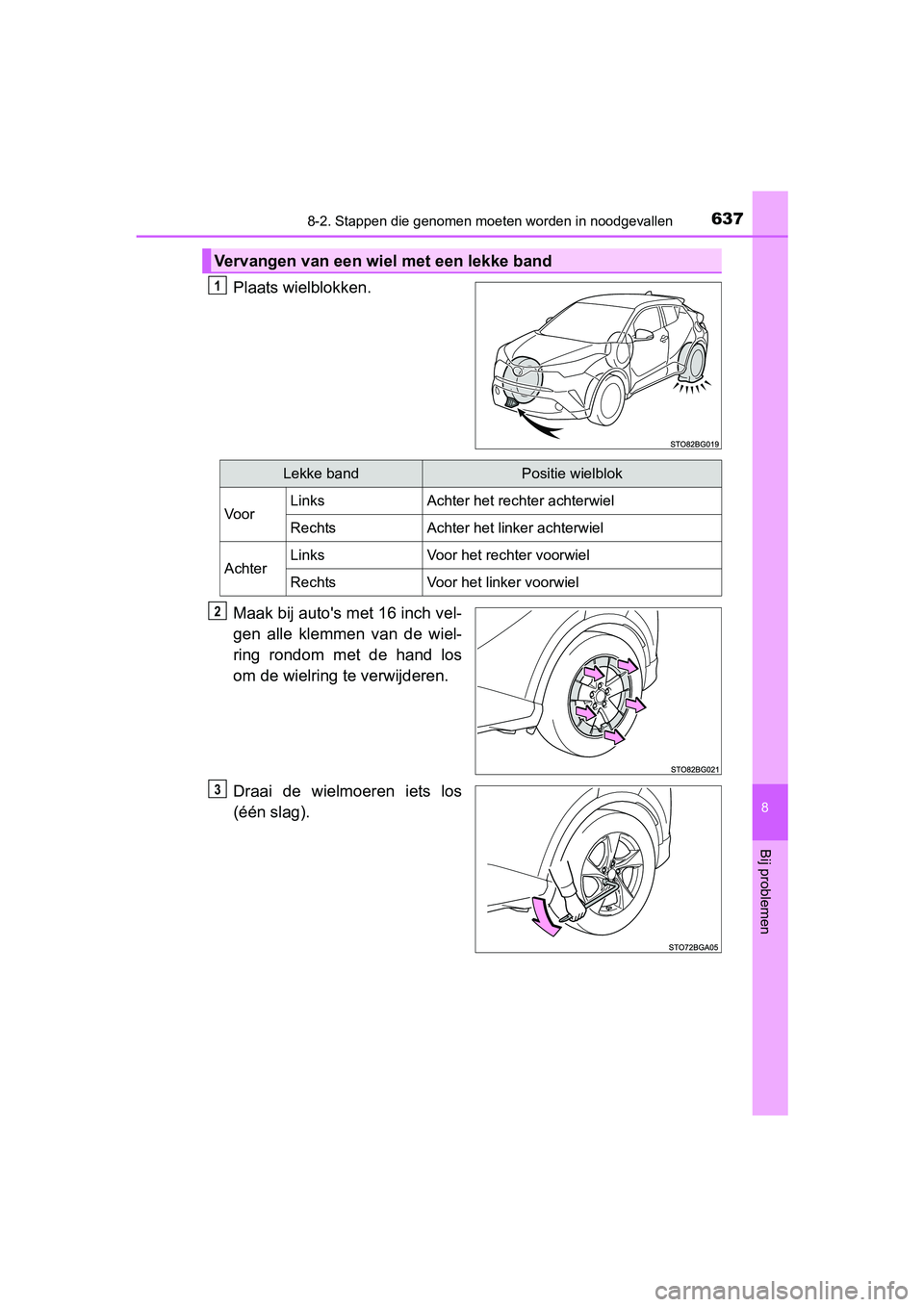 TOYOTA C_HR HYBRID 2017 Instructieboekje (in Dutch) 6378-2. Stappen die genomen moeten worden in noodgevallen
C-HR_HV_OM_Europe_OM10538E
8
Bij problemen
Plaats wielblokken.
Maak bij auto's met 16 inch vel-
gen alle klemmen van de wiel-
ring r TOYOTA C_HR HYBRID 2017 Instructieboekje (in Dutch) 6378-2. Stappen die genomen moeten worden in noodgevallen
C-HR_HV_OM_Europe_OM10538E
8
Bij problemen
Plaats wielblokken.
Maak bij auto's met 16 inch vel-
gen alle klemmen van de wiel-
ring r