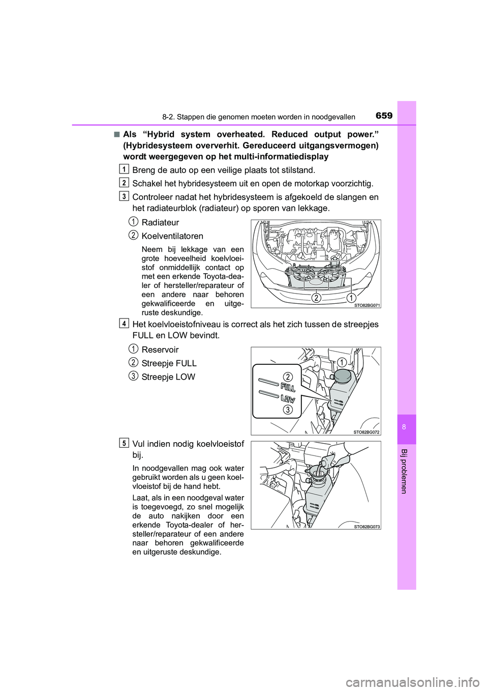 TOYOTA C_HR HYBRID 2017 Instructieboekje (in Dutch) 6598-2. Stappen die genomen moeten worden in noodgevallen
C-HR_HV_OM_Europe_OM10538E
8
Bij problemen
■Als “Hybrid system overheated. Reduced output power.”
(Hybridesysteem oververhit. G TOYOTA C_HR HYBRID 2017 Instructieboekje (in Dutch) 6598-2. Stappen die genomen moeten worden in noodgevallen
C-HR_HV_OM_Europe_OM10538E
8
Bij problemen
■Als “Hybrid system overheated. Reduced output power.”
(Hybridesysteem oververhit. G