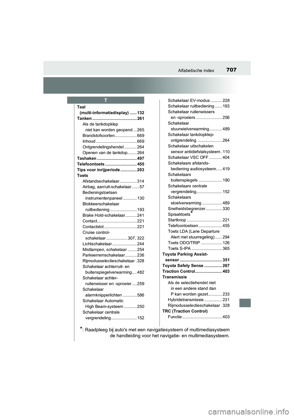 TOYOTA C_HR HYBRID 2017  Instructieboekje (in Dutch) 707Alfabetische index
C-HR_HV_OM_Europe_OM10538E
Taal (multi-informatiedisplay) ...... 132
Tanken ...................................... 261 Als de tankdopklep niet kan worden geopend ... 265
Brandsto