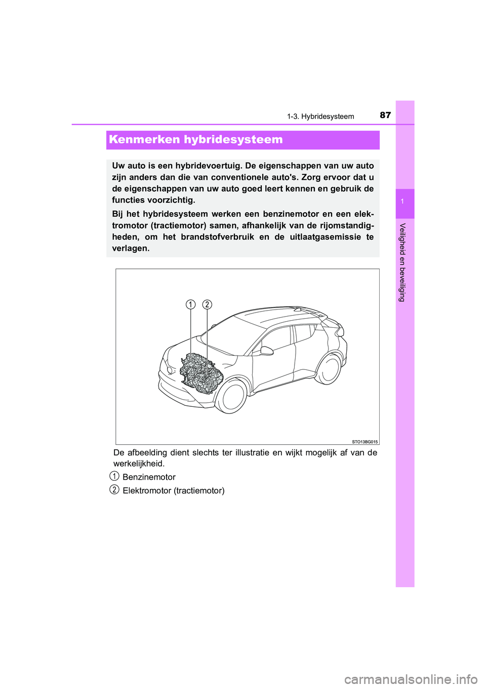 TOYOTA C_HR HYBRID 2017 Instructieboekje (in Dutch) 87
1
1-3. Hybridesysteem
Veiligheid en beveiliging
C-HR_HV_OM_Europe_OM10538E
Kenmerken hybridesysteem
De afbeelding dient slechts ter illustratie en wijkt mogelijk af van de
werkelijkheid TOYOTA C_HR HYBRID 2017 Instructieboekje (in Dutch) 87
1
1-3. Hybridesysteem
Veiligheid en beveiliging
C-HR_HV_OM_Europe_OM10538E
Kenmerken hybridesysteem
De afbeelding dient slechts ter illustratie en wijkt mogelijk af van de
werkelijkheid