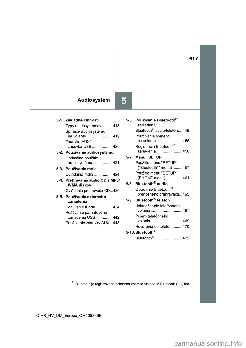 TOYOTA C_HR HYBRID 2017  Návod na použitie (in Slovakian) 417
5Audiosystém
C-HR_HV_OM_Europe_OM10538SK5-1. Základné činnosti
Typy audiosystémov .......... 418
Spínače audiosystému 
na volante ........................ 419
Zásuvka AUX/
zásuvka USB ..