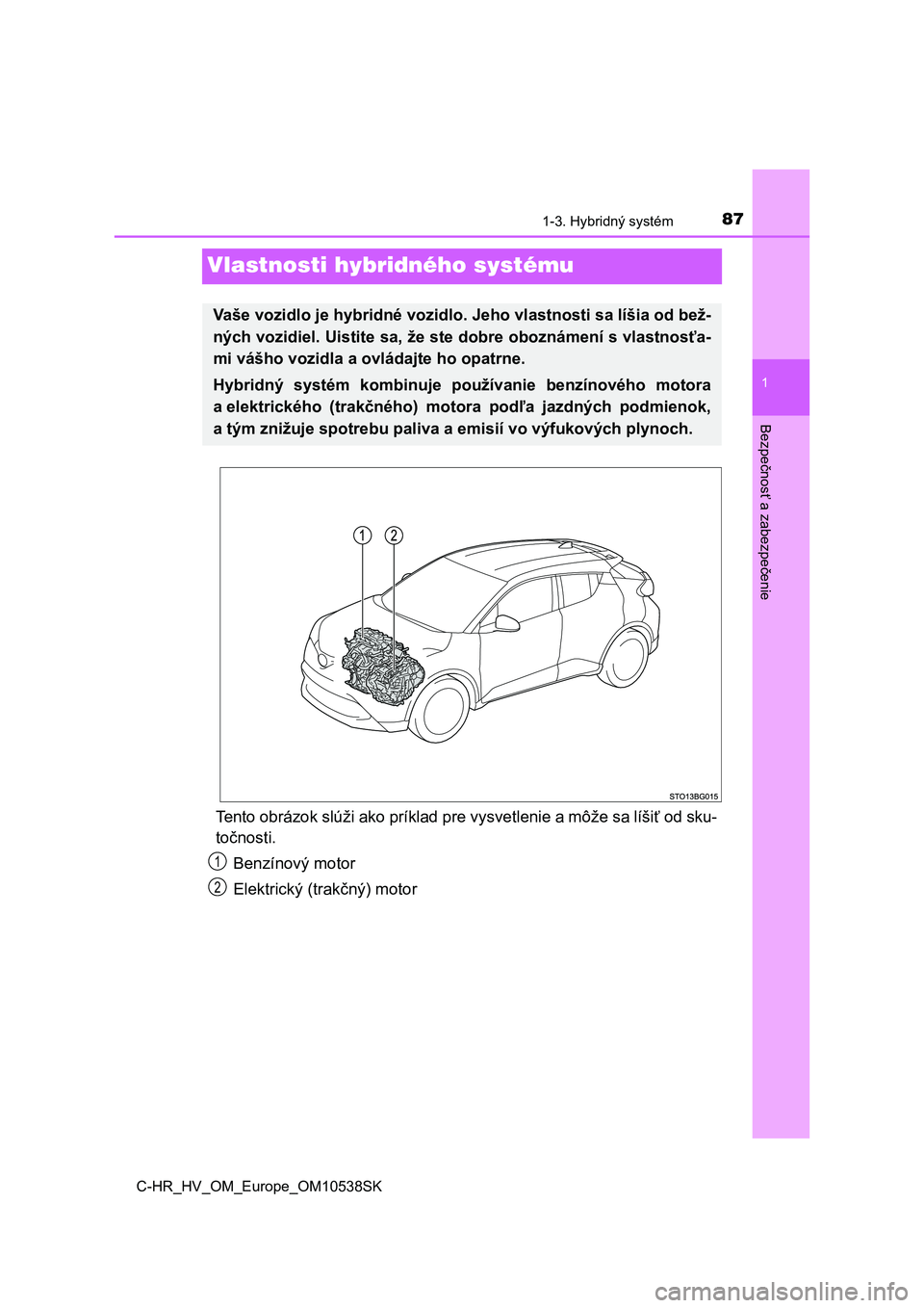 TOYOTA C_HR HYBRID 2017 Návod na použitie (in Slovakian) 87
1
1-3. Hybridný systém
Bezpečnosť a zabezpečenie
C-HR_HV_OM_Europe_OM10538SK
Vlastnosti hybridného systému
Tento obrázok slúži ako príklad pre vysvetlenie a môže sa líšiť od sku-
to TOYOTA C_HR HYBRID 2017 Návod na použitie (in Slovakian) 87
1
1-3. Hybridný systém
Bezpečnosť a zabezpečenie
C-HR_HV_OM_Europe_OM10538SK
Vlastnosti hybridného systému
Tento obrázok slúži ako príklad pre vysvetlenie a môže sa líšiť od sku-
to
