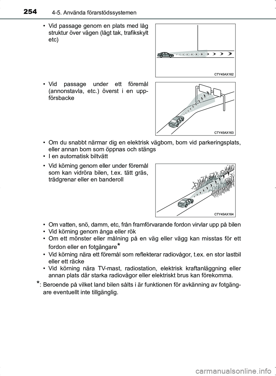 TOYOTA C_HR HYBRID 2016 Bruksanvisningar (in Swedish) 2544-5. Använda förarstödssystemen
OM10538SE• Om du snabbt närmar dig en elektrisk vägbom, bom vid parkeringsplats,
eller annan bom som öppnas och stängs
• I en automatisk biltvätt
• Om TOYOTA C_HR HYBRID 2016 Bruksanvisningar (in Swedish) 2544-5. Använda förarstödssystemen
OM10538SE• Om du snabbt närmar dig en elektrisk vägbom, bom vid parkeringsplats,
eller annan bom som öppnas och stängs
• I en automatisk biltvätt
• Om