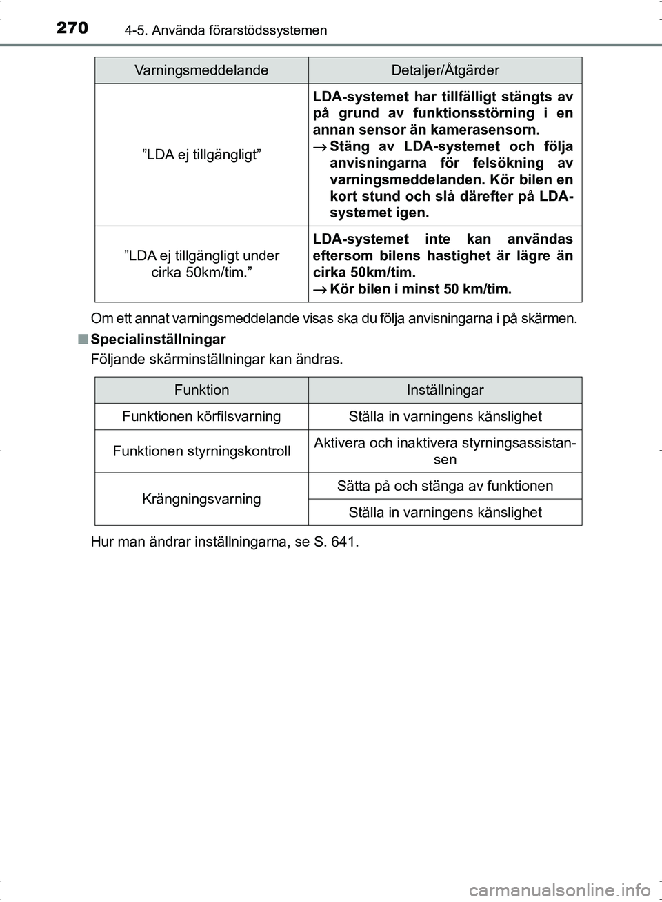TOYOTA C_HR HYBRID 2017 Bruksanvisningar (in Swedish) 2704-5. Använda förarstödssystemen
OM10538SEOm ett annat varningsmeddelande visas ska du följa anvisningarna i på skärmen.
■ Specialinställningar
Följande skärminställningar kan ändras.
H TOYOTA C_HR HYBRID 2017 Bruksanvisningar (in Swedish) 2704-5. Använda förarstödssystemen
OM10538SEOm ett annat varningsmeddelande visas ska du följa anvisningarna i på skärmen.
■ Specialinställningar
Följande skärminställningar kan ändras.
H
