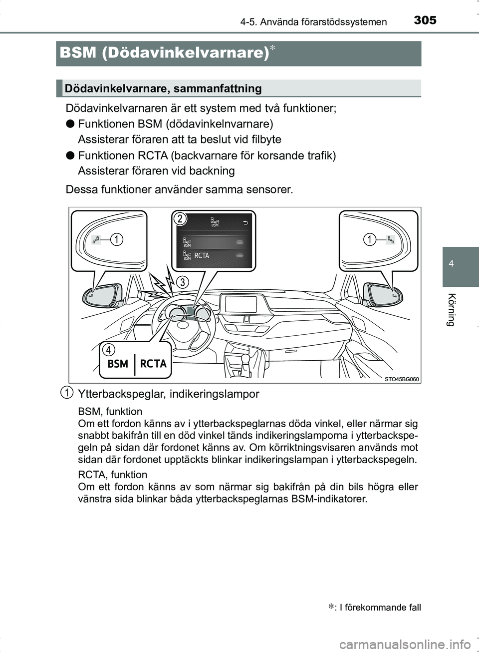 TOYOTA C_HR HYBRID 2016 Bruksanvisningar (in Swedish) 305
4
4-5. Använda förarstödssystemen
Körning
OM10538SE
BSM (Dödavinkelvarnare)∗
Dödavinkelvarnaren är ett system med två funktioner;
●Funktionen BSM (dödavinkelnvarnare)
Assisterar för TOYOTA C_HR HYBRID 2016 Bruksanvisningar (in Swedish) 305
4
4-5. Använda förarstödssystemen
Körning
OM10538SE
BSM (Dödavinkelvarnare)∗
Dödavinkelvarnaren är ett system med två funktioner;
●Funktionen BSM (dödavinkelnvarnare)
Assisterar för