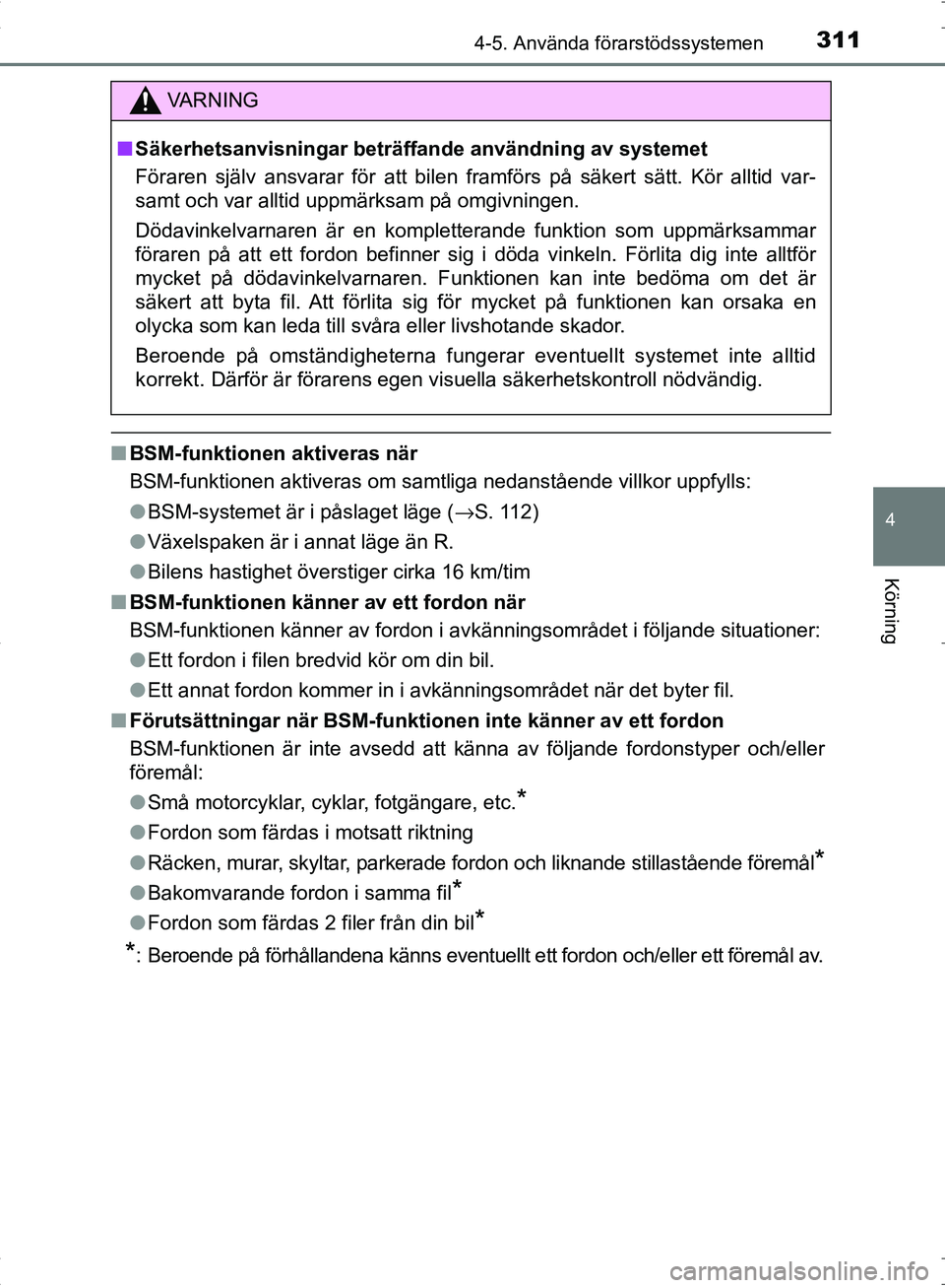 TOYOTA C_HR HYBRID 2016 Bruksanvisningar (in Swedish) 3114-5. Använda förarstödssystemen
4
Körning
OM10538SE
■BSM-funktionen aktiveras när
BSM-funktionen aktiveras om samtliga nedanstående villkor uppfylls:
●BSM-systemet är i påslaget läge ( TOYOTA C_HR HYBRID 2016 Bruksanvisningar (in Swedish) 3114-5. Använda förarstödssystemen
4
Körning
OM10538SE
■BSM-funktionen aktiveras när
BSM-funktionen aktiveras om samtliga nedanstående villkor uppfylls:
●BSM-systemet är i påslaget läge (
