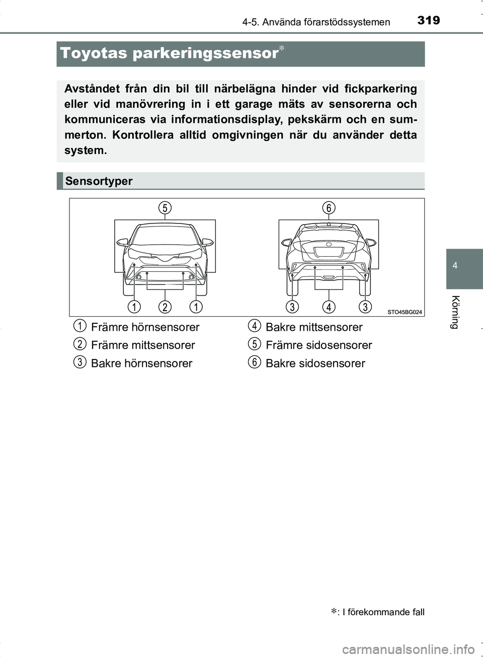 TOYOTA C_HR HYBRID 2017  Bruksanvisningar (in Swedish) 319
4
4-5. Använda förarstödssystemen
Körning
OM10538SE
Toyotas parkeringssensor∗
∗: I förekommande fall
Avståndet från din bil till närbelägna hinder vid fickparkering
eller vid manövre