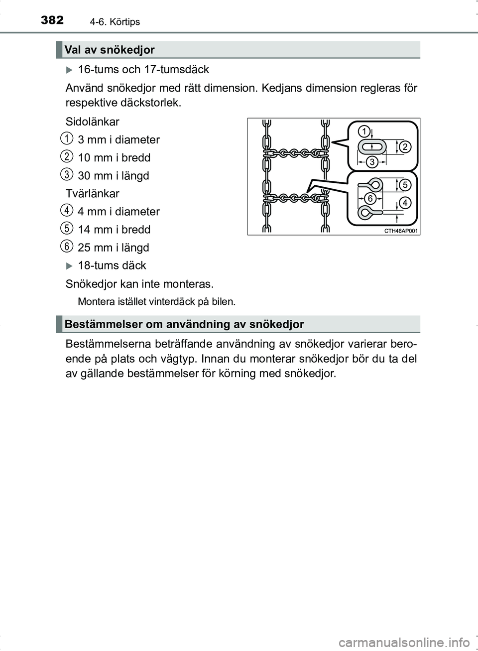 TOYOTA C_HR HYBRID 2016 Bruksanvisningar (in Swedish) 3824-6. Körtips
OM10538SE
16-tums och 17-tumsdäck
Använd snökedjor med rätt dimension. Kedjans dimension regleras för
respektive däckstorlek.
Sidolänkar 3 mm i diameter
10 mm i bredd
30 mm TOYOTA C_HR HYBRID 2016 Bruksanvisningar (in Swedish) 3824-6. Körtips
OM10538SE
16-tums och 17-tumsdäck
Använd snökedjor med rätt dimension. Kedjans dimension regleras för
respektive däckstorlek.
Sidolänkar 3 mm i diameter
10 mm i bredd
30 mm