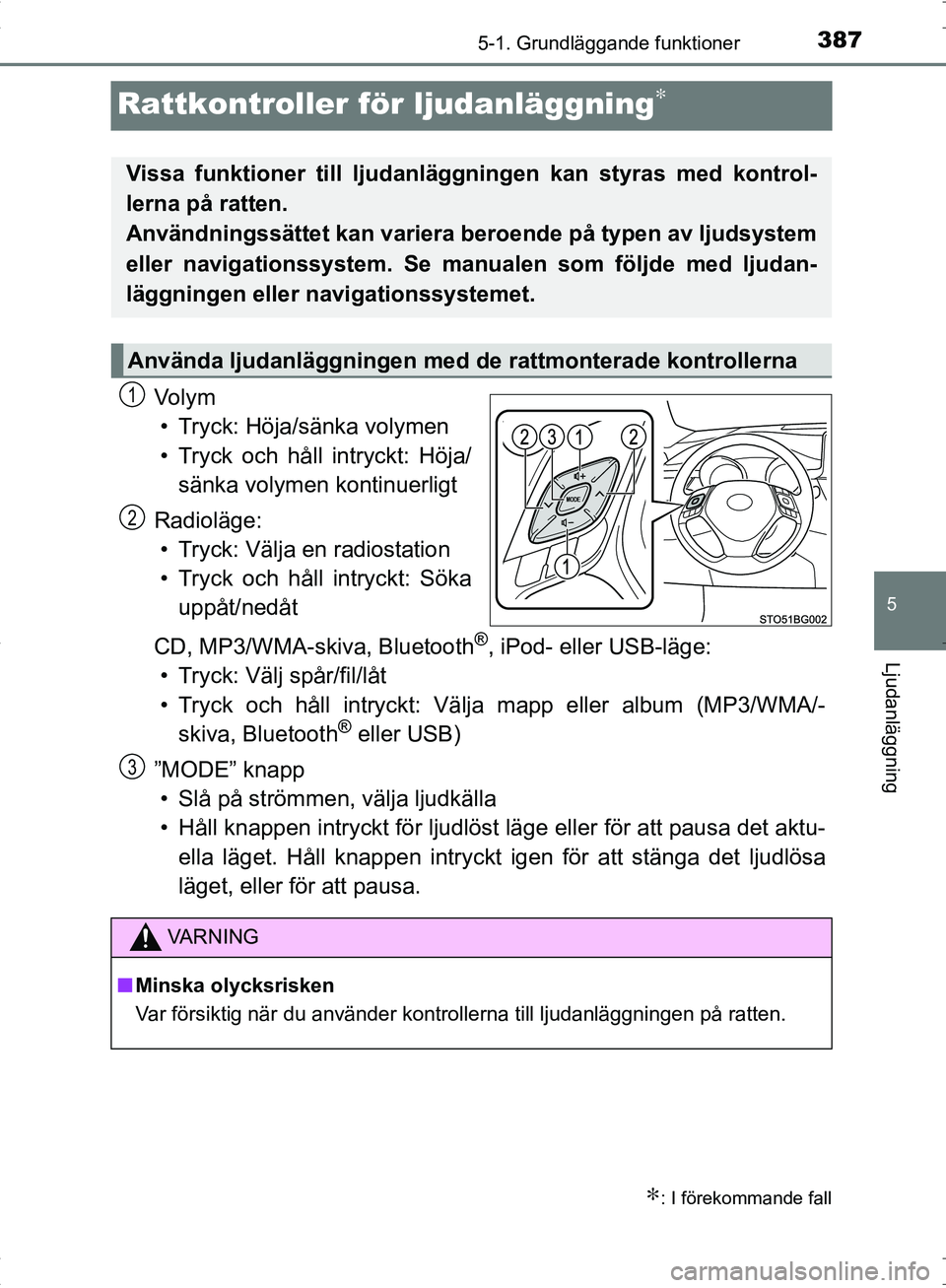 TOYOTA C_HR HYBRID 2017 Bruksanvisningar (in Swedish) 387
5
5-1. Grundläggande funktioner
Ljudanläggning
OM10538SE
Rattkontroller för ljudanläggning∗
Vo l y m
• Tryck: Höja/sänka volymen
• Tryck och håll intryckt: Höja/ sänka volymen konti TOYOTA C_HR HYBRID 2017 Bruksanvisningar (in Swedish) 387
5
5-1. Grundläggande funktioner
Ljudanläggning
OM10538SE
Rattkontroller för ljudanläggning∗
Vo l y m
• Tryck: Höja/sänka volymen
• Tryck och håll intryckt: Höja/ sänka volymen konti