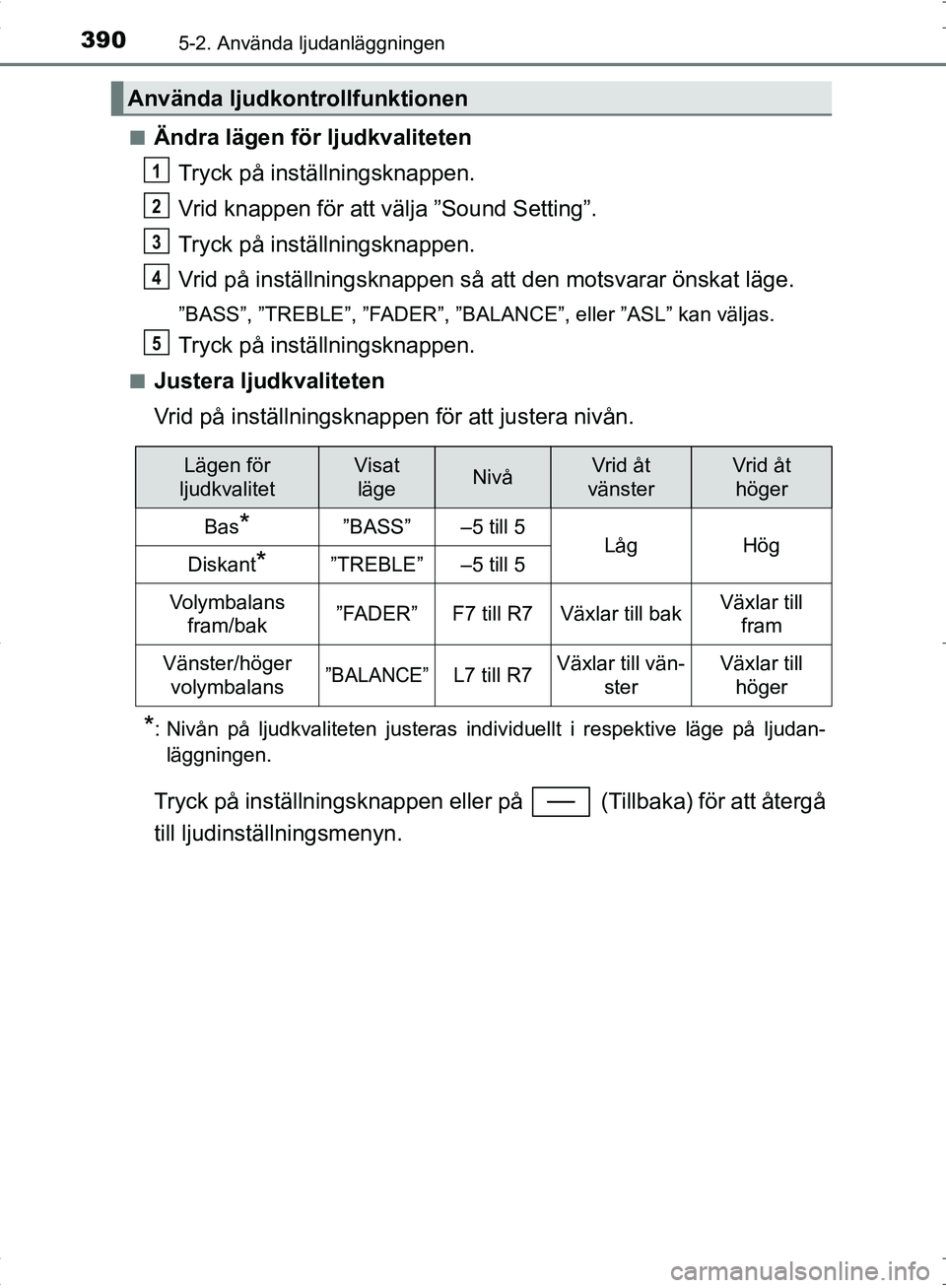 TOYOTA C_HR HYBRID 2016 Bruksanvisningar (in Swedish) 3905-2. Använda ljudanläggningen
OM10538SE■
Ändra lägen för ljudkvaliteten
Tryck på inställningsknappen.
Vrid knappen för att välja ”Sound Setting”.
Tryck på inställningsknappen.
Vrid TOYOTA C_HR HYBRID 2016 Bruksanvisningar (in Swedish) 3905-2. Använda ljudanläggningen
OM10538SE■
Ändra lägen för ljudkvaliteten
Tryck på inställningsknappen.
Vrid knappen för att välja ”Sound Setting”.
Tryck på inställningsknappen.
Vrid