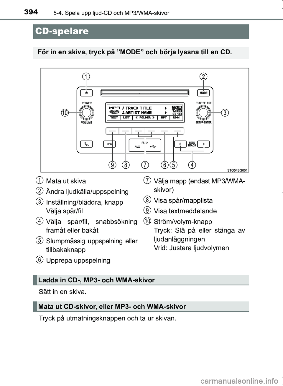 TOYOTA C_HR HYBRID 2016 Bruksanvisningar (in Swedish) 3945-4. Spela upp ljud-CD och MP3/WMA-skivor
OM10538SE
CD-spelare
Sätt in en skiva.
Tryck på utmatningsknappen och ta ur skivan.
För in en skiva, tryck på ”MODE” och börja lyssna till en CD.
TOYOTA C_HR HYBRID 2016 Bruksanvisningar (in Swedish) 3945-4. Spela upp ljud-CD och MP3/WMA-skivor
OM10538SE
CD-spelare
Sätt in en skiva.
Tryck på utmatningsknappen och ta ur skivan.
För in en skiva, tryck på ”MODE” och börja lyssna till en CD.