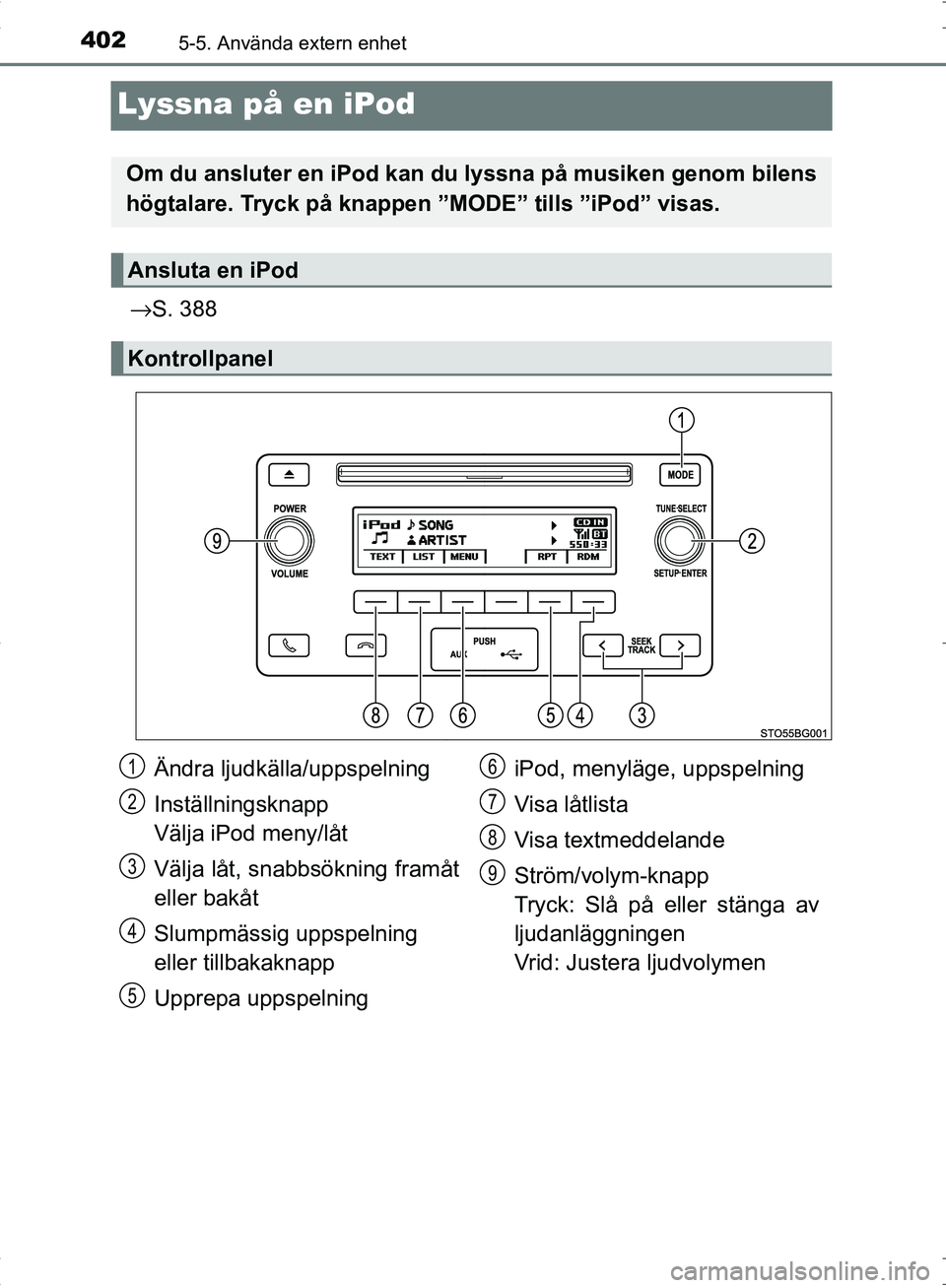 TOYOTA C_HR HYBRID 2016 Bruksanvisningar (in Swedish) 4025-5. Använda extern enhet
OM10538SE
Lyssna på en iPod
→S. 388
Om du ansluter en iPod kan du lyssna på musiken genom bilens
högtalare. Tryck på knappen ”MODE” tills ”iPod” visas.
Ans TOYOTA C_HR HYBRID 2016 Bruksanvisningar (in Swedish) 4025-5. Använda extern enhet
OM10538SE
Lyssna på en iPod
→S. 388
Om du ansluter en iPod kan du lyssna på musiken genom bilens
högtalare. Tryck på knappen ”MODE” tills ”iPod” visas.
Ans
